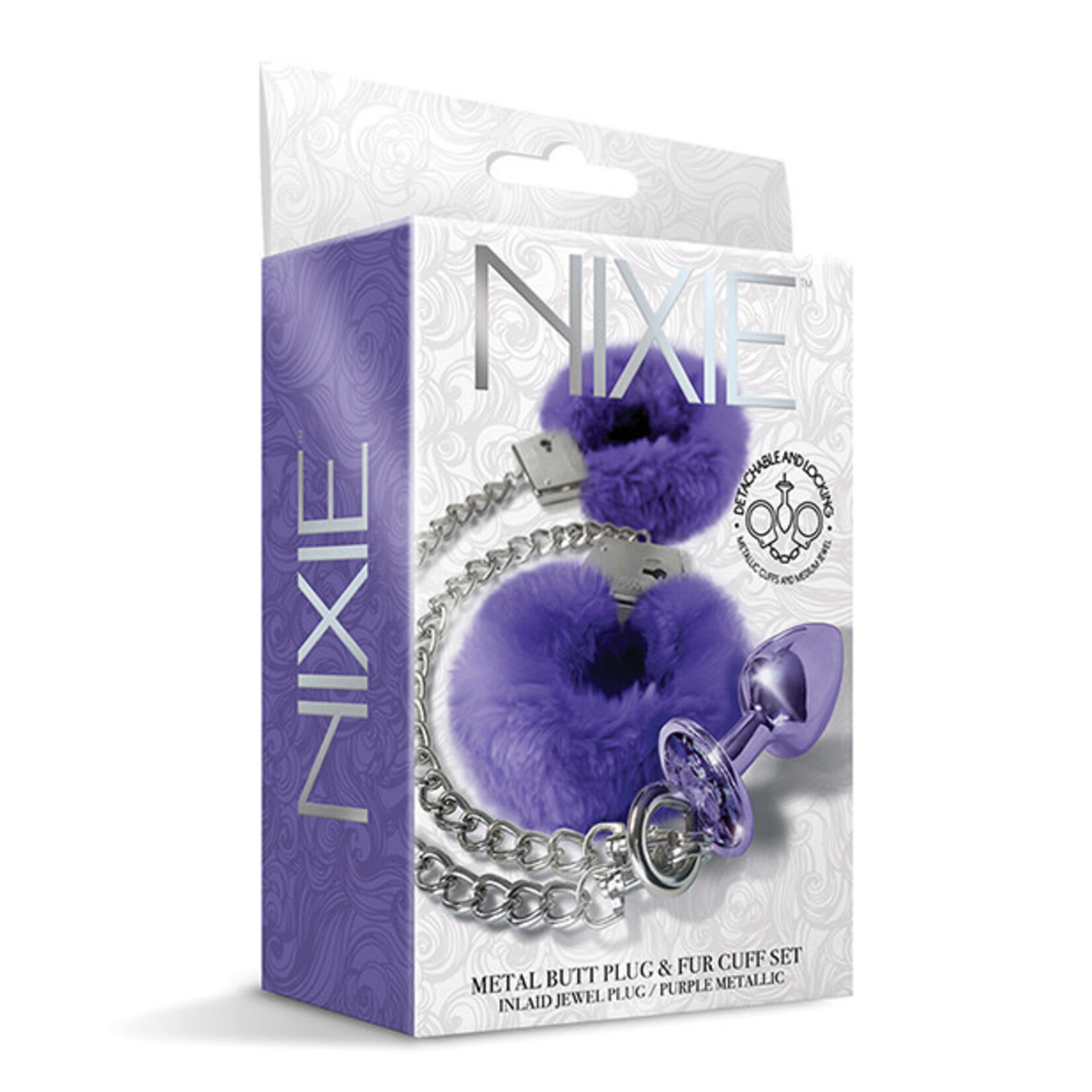 Nixie Nixie Metal Butt Plug w/Inlaid Jewel & Fur Cuff Set
