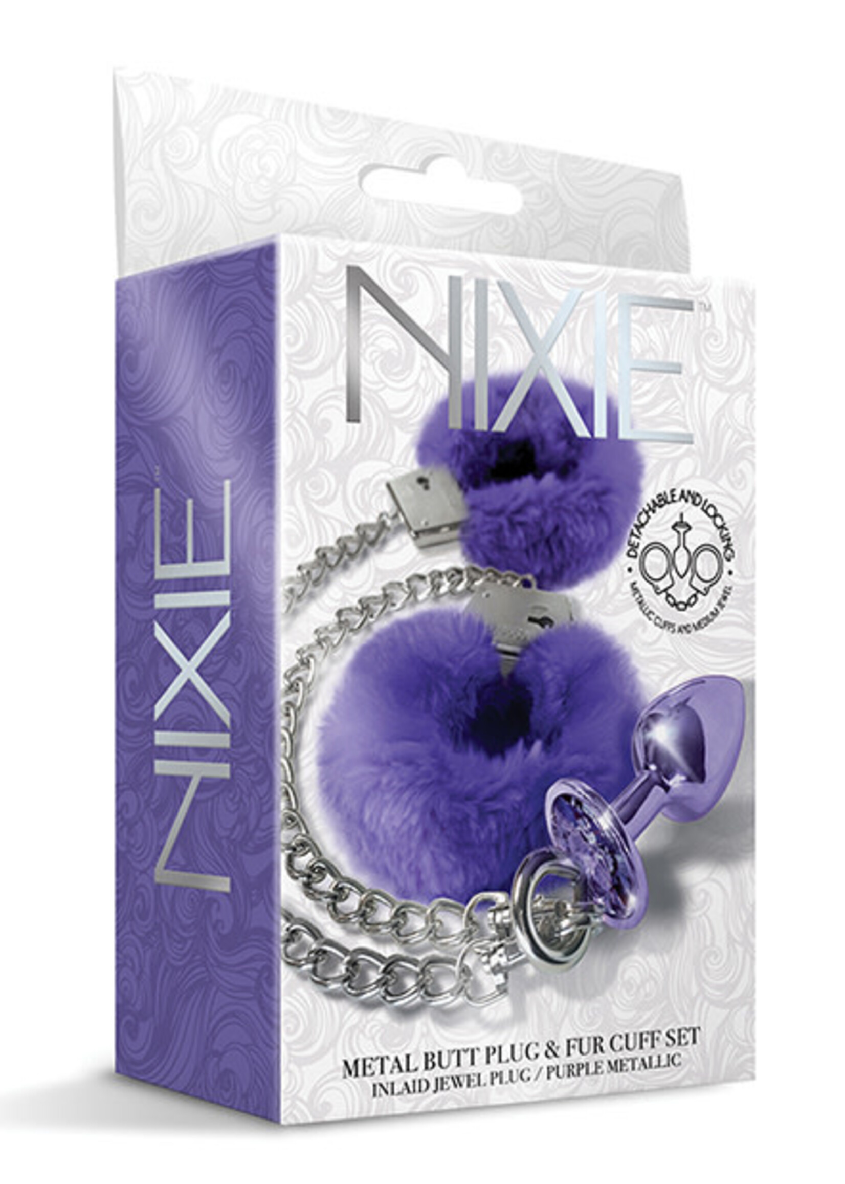 Nixie Nixie Metal Butt Plug w/Inlaid Jewel & Fur Cuff Set