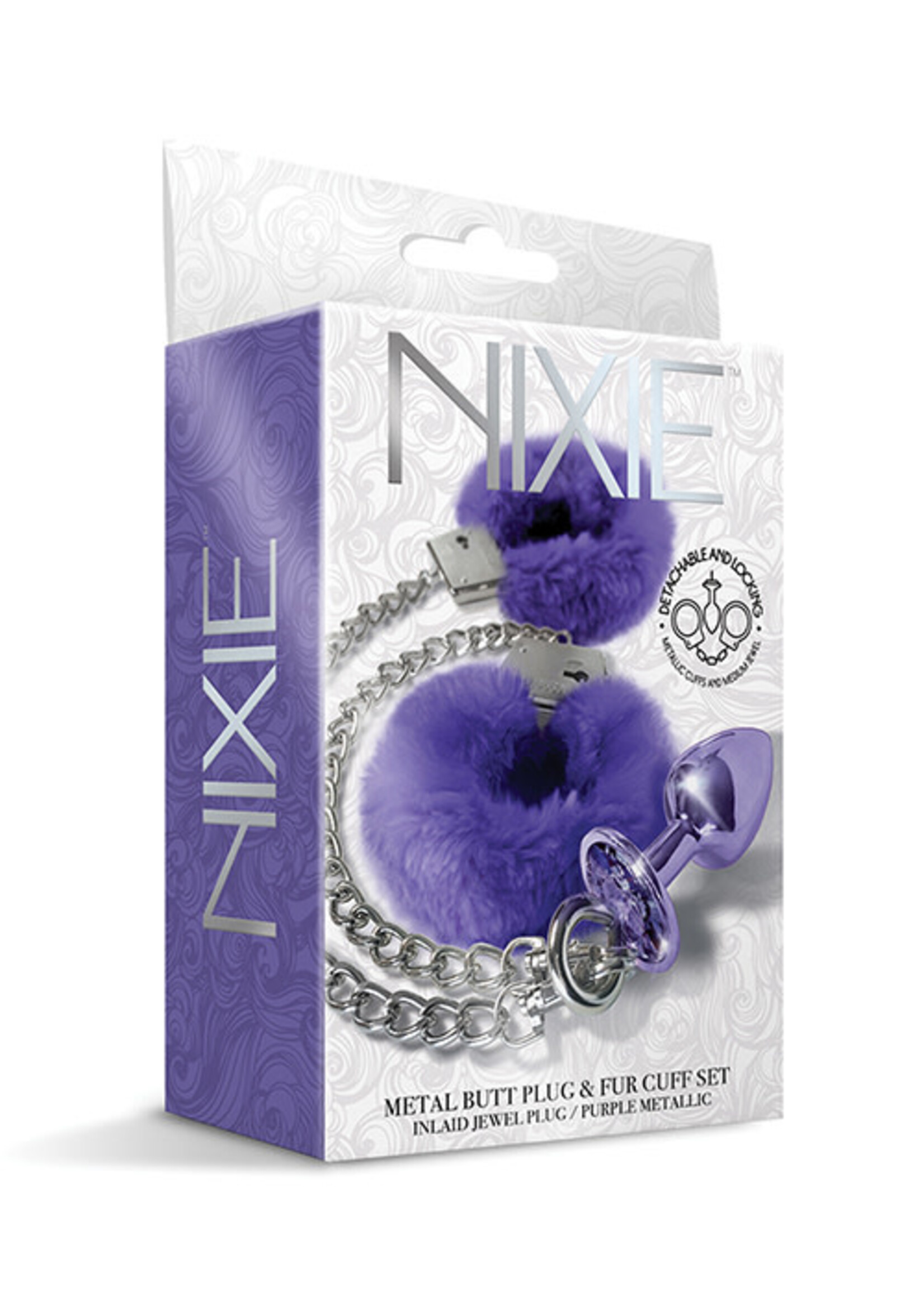 #LETSDOEIT Nixie Metal Butt Plug w/Inlaid Jewel & Fur Cuff Set