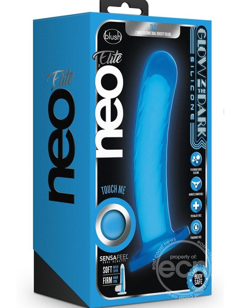 Blush Novelties Blush Neo Elite Glow in the Dark Tao 7" Silicone Dual Density Dildo - Neon Blue