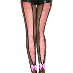 Music Legs Corset Back Fishnet Pantyhose - Black/Hot Pink - O/S