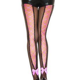Music Legs Corset Back Fishnet Pantyhose - Black/Hot Pink - O/S