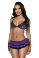 Music Legs Lace Ruffle Trimmed Sheer Bra & Layered Mini Skirt w/ Attached G-string - Purple/Black - O/S