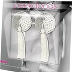 Eye Of Love White Satin Pasties with Rhinestones & Tassels