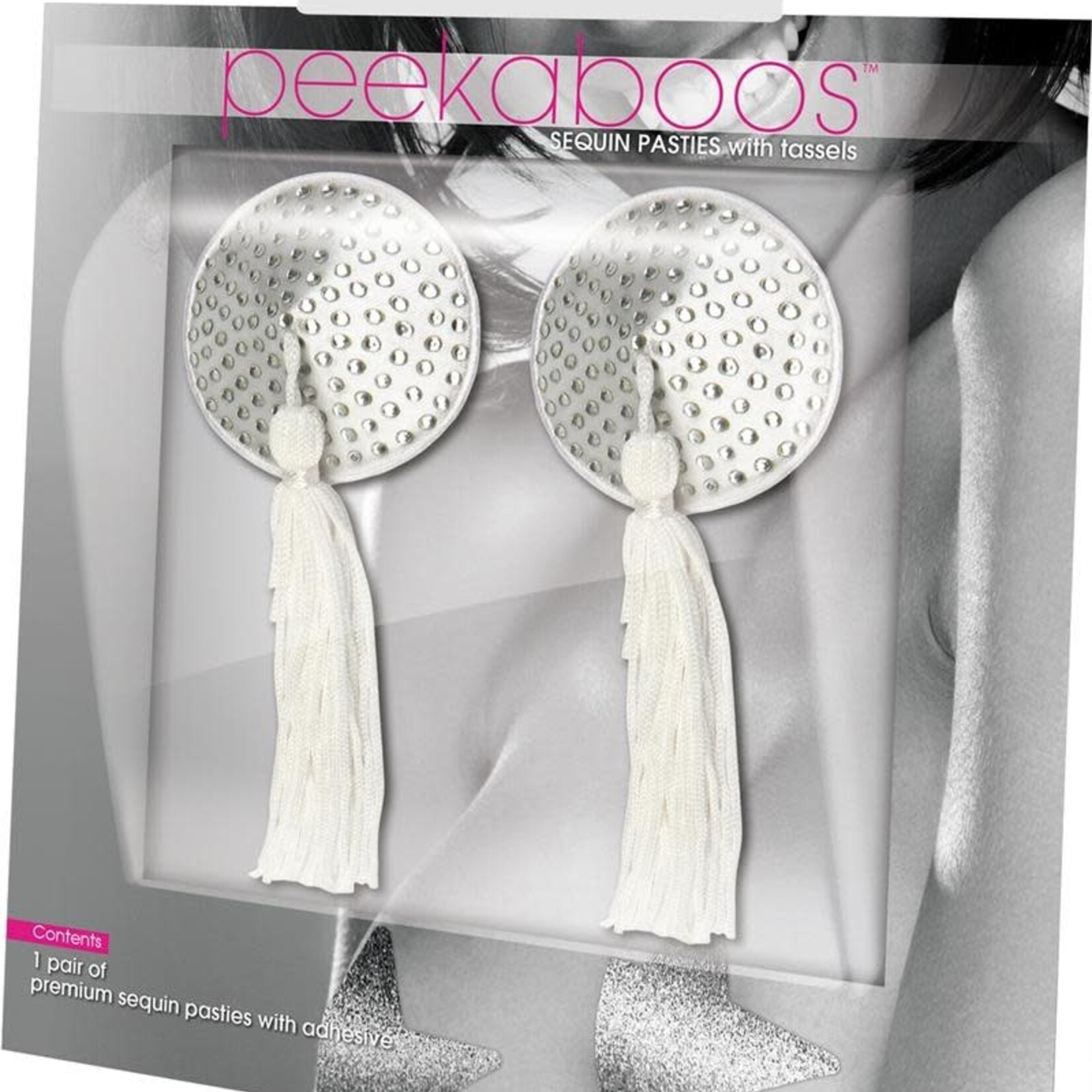 Eye Of Love White Satin Pasties with Rhinestones & Tassels