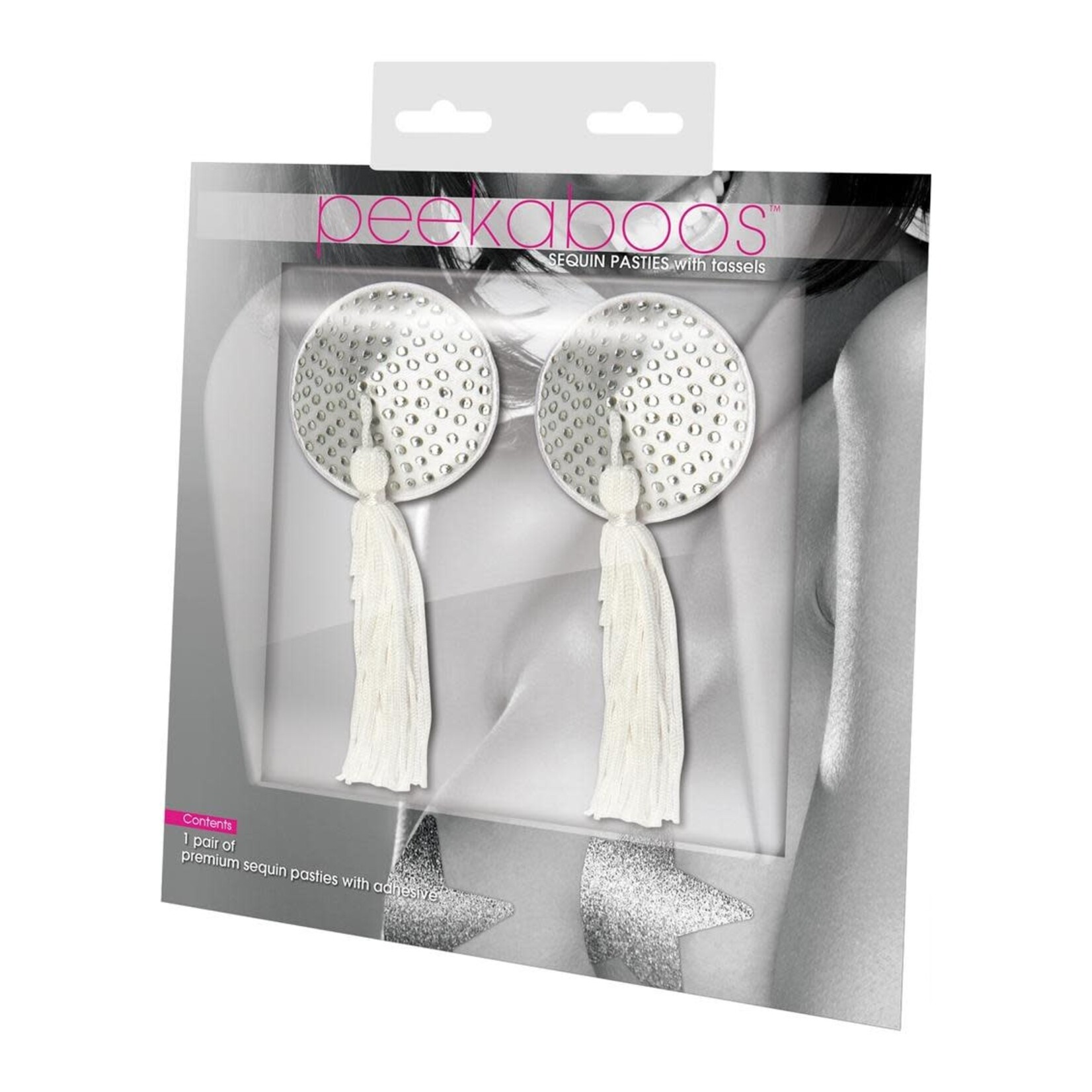 Eye Of Love White Satin Pasties with Rhinestones & Tassels