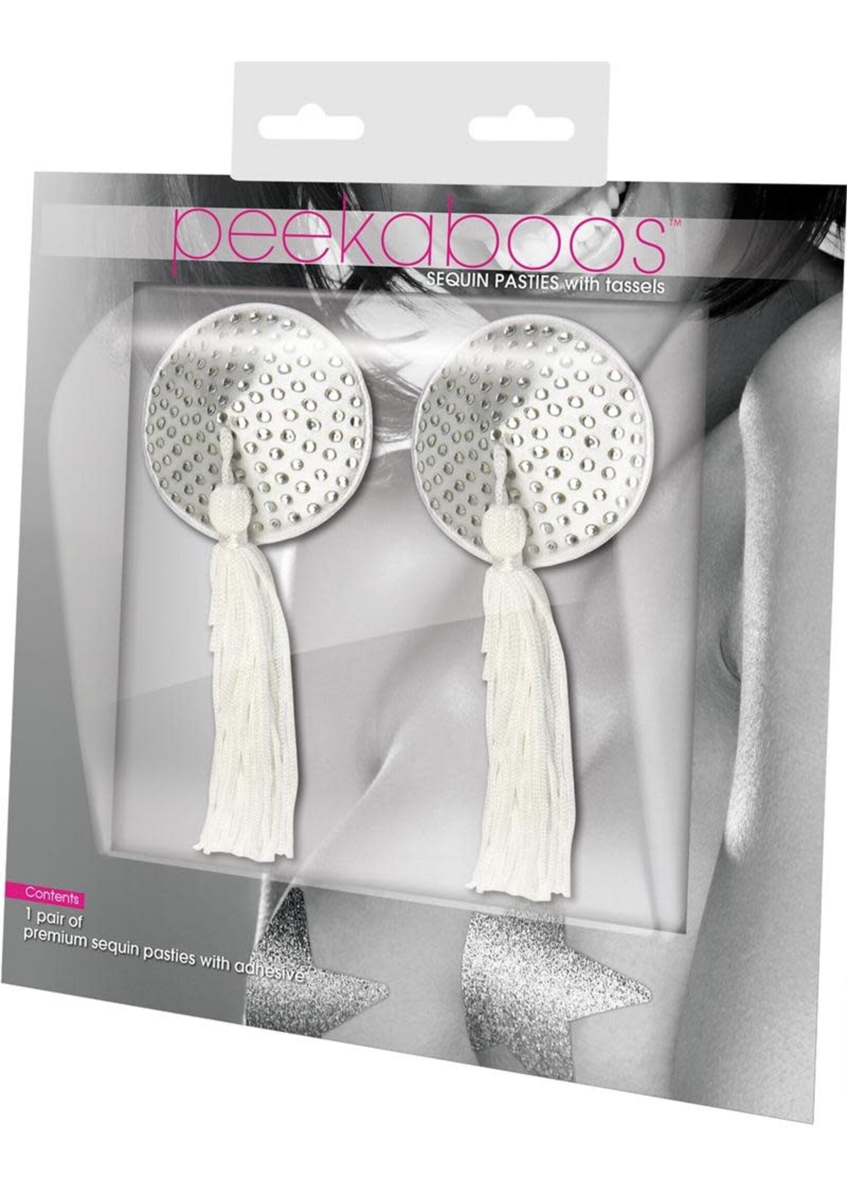 Eye Of Love White Satin Pasties with Rhinestones & Tassels