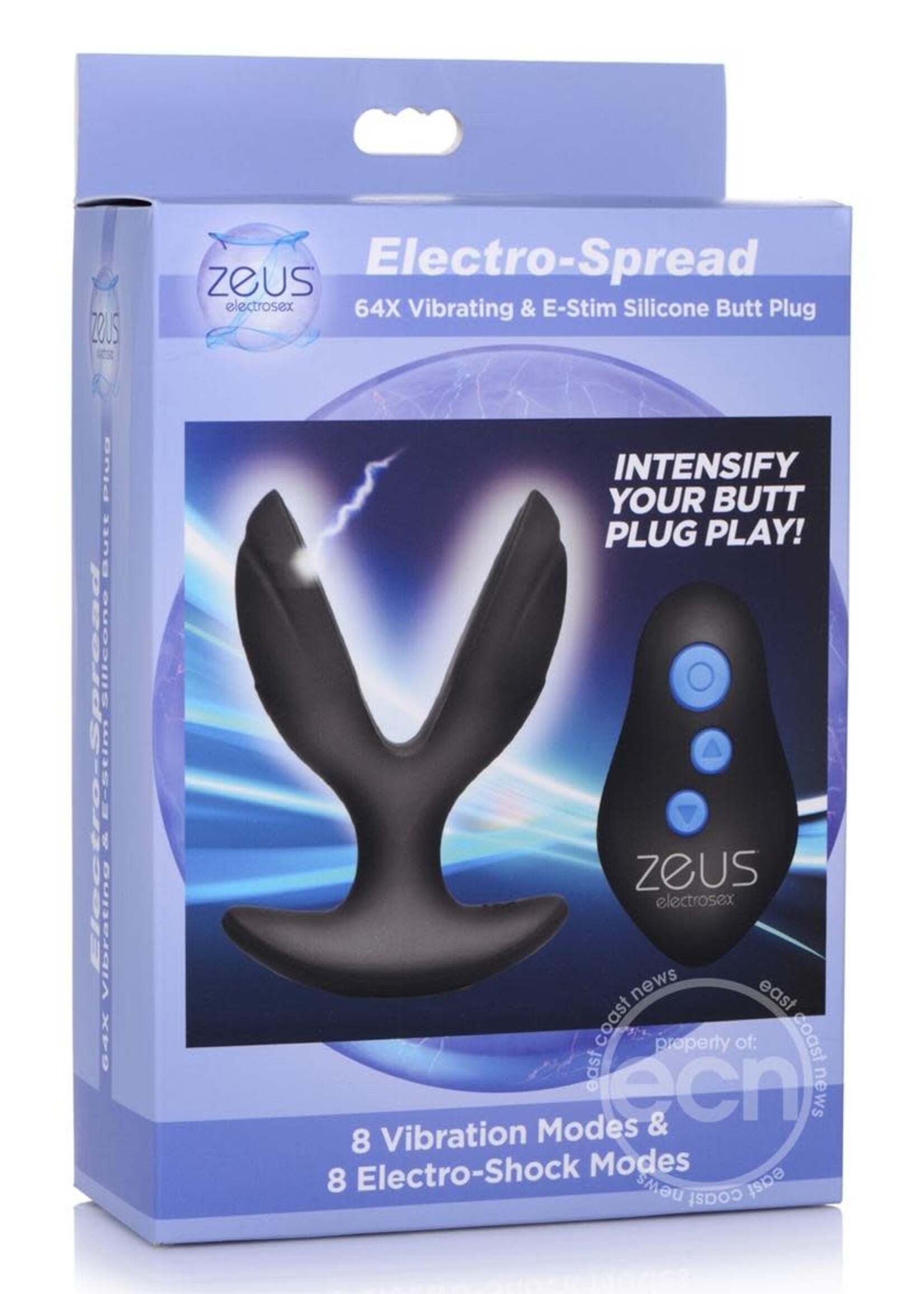XR Brands Zeus Electrosex Zeus Electro-Spread 64X Vibrating & E-Stim Silicone Rechargeable Butt Plug with Remote Control - Black