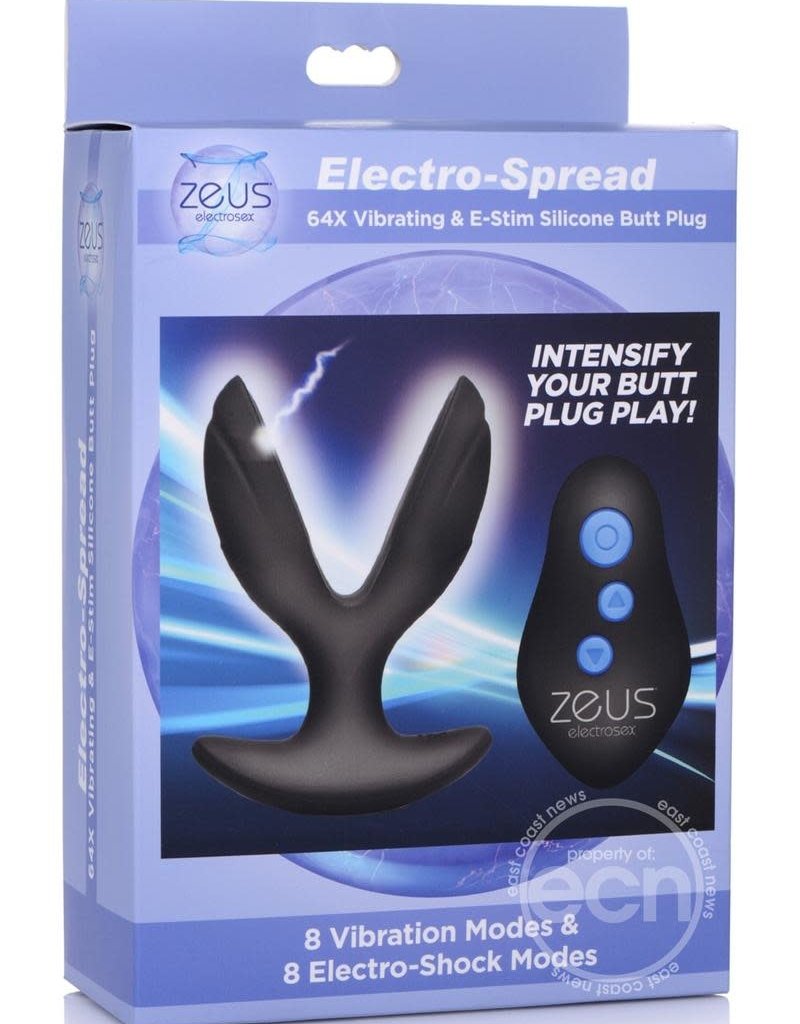 XR Brands Zeus Electrosex Zeus Electro-Spread 64X Vibrating & E-Stim Silicone Rechargeable Butt Plug with Remote Control - Black