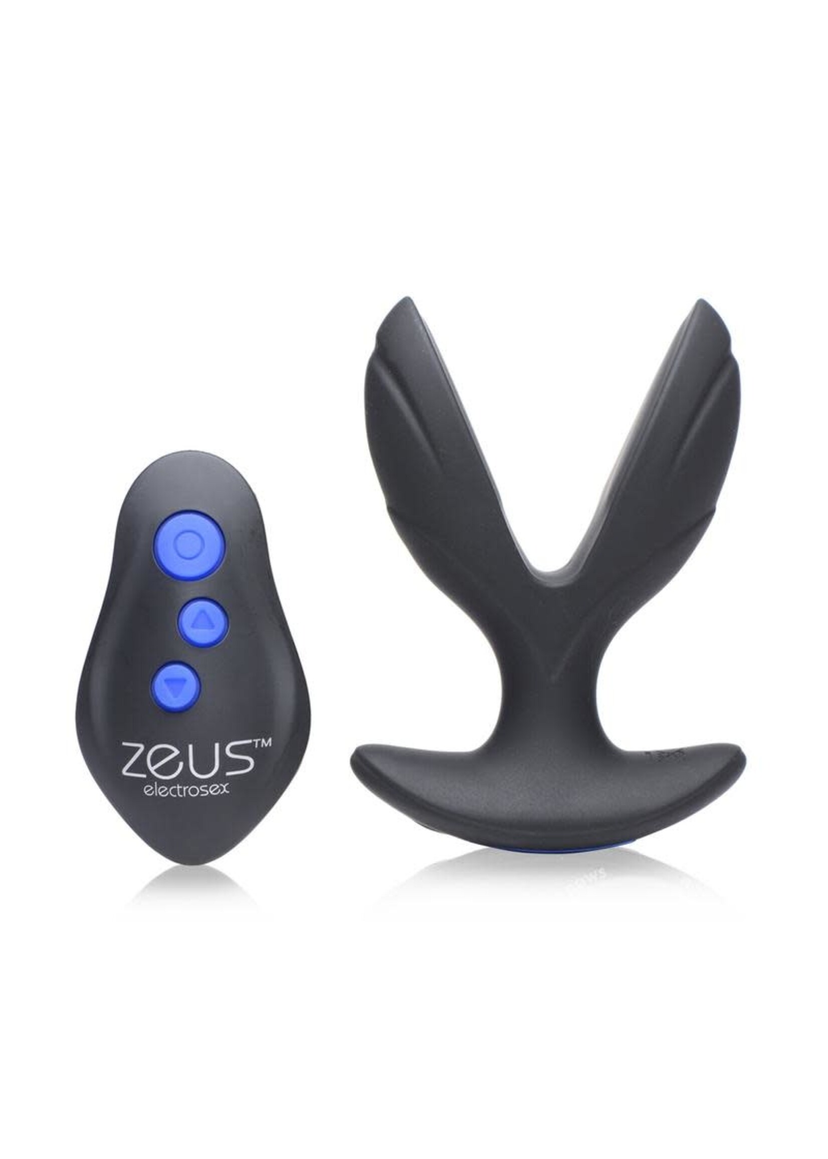 XR Brands Zeus Electrosex Zeus Electro-Spread 64X Vibrating & E-Stim Silicone Rechargeable Butt Plug with Remote Control - Black