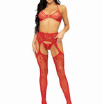 Leg Avenue Rhinestone Lace Bra Top, G-String, and Fishnet Garter Belt Stocking (3 Piece) - O/S
