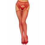 Leg Avenue Industrial Net Stockings w/ O-Ring Attached Garter Belt - Red -O/S