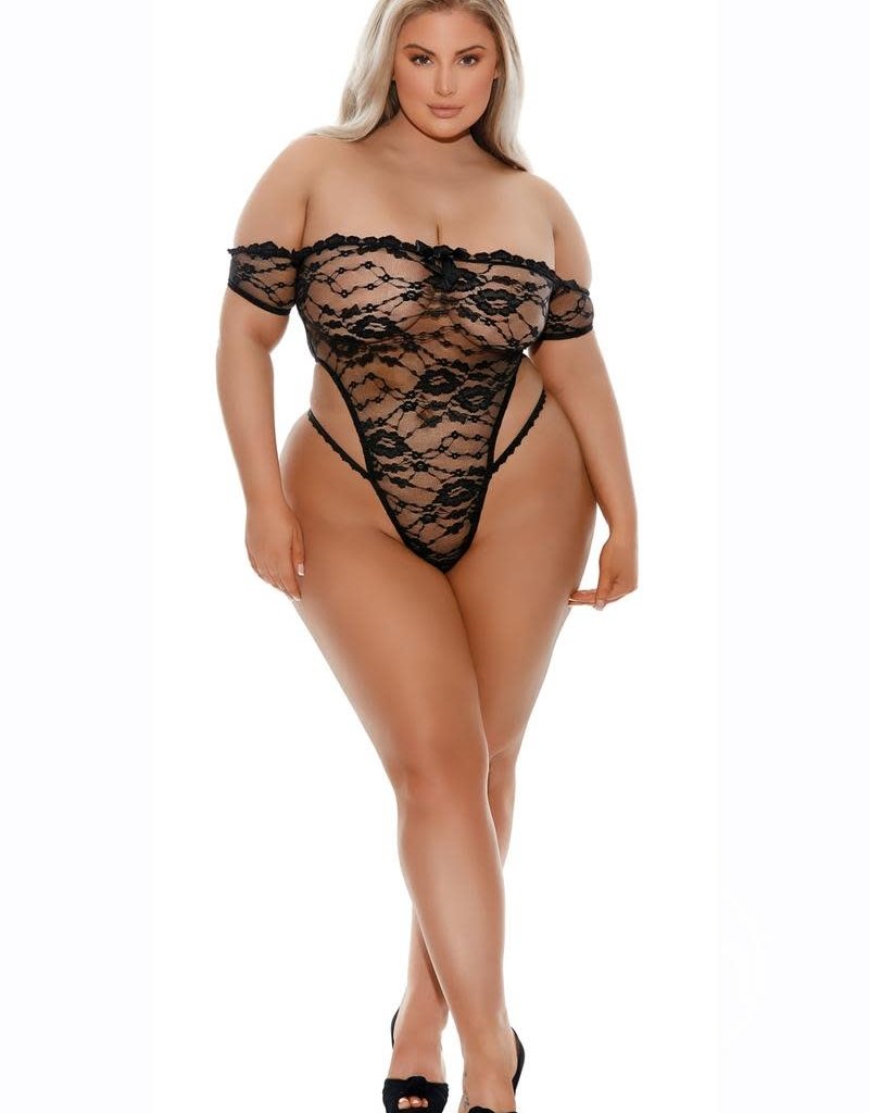 Barely Bare Barely Bare Lace Thong Teddy - Plus Size - Black