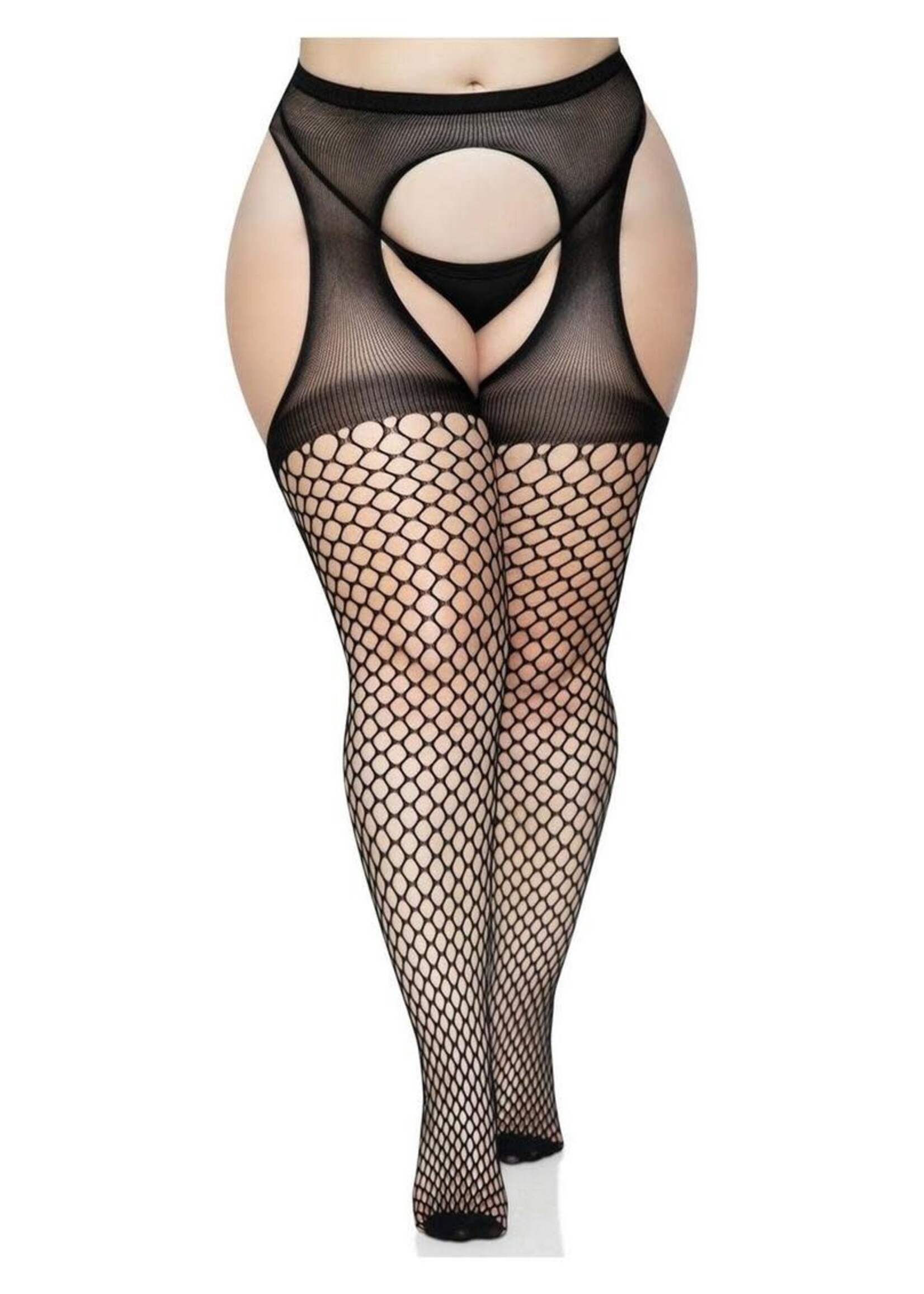 Leg Avenue Leg Avenue Oval Net Suspender Hose with Opaque Top - 1X/2X - Black