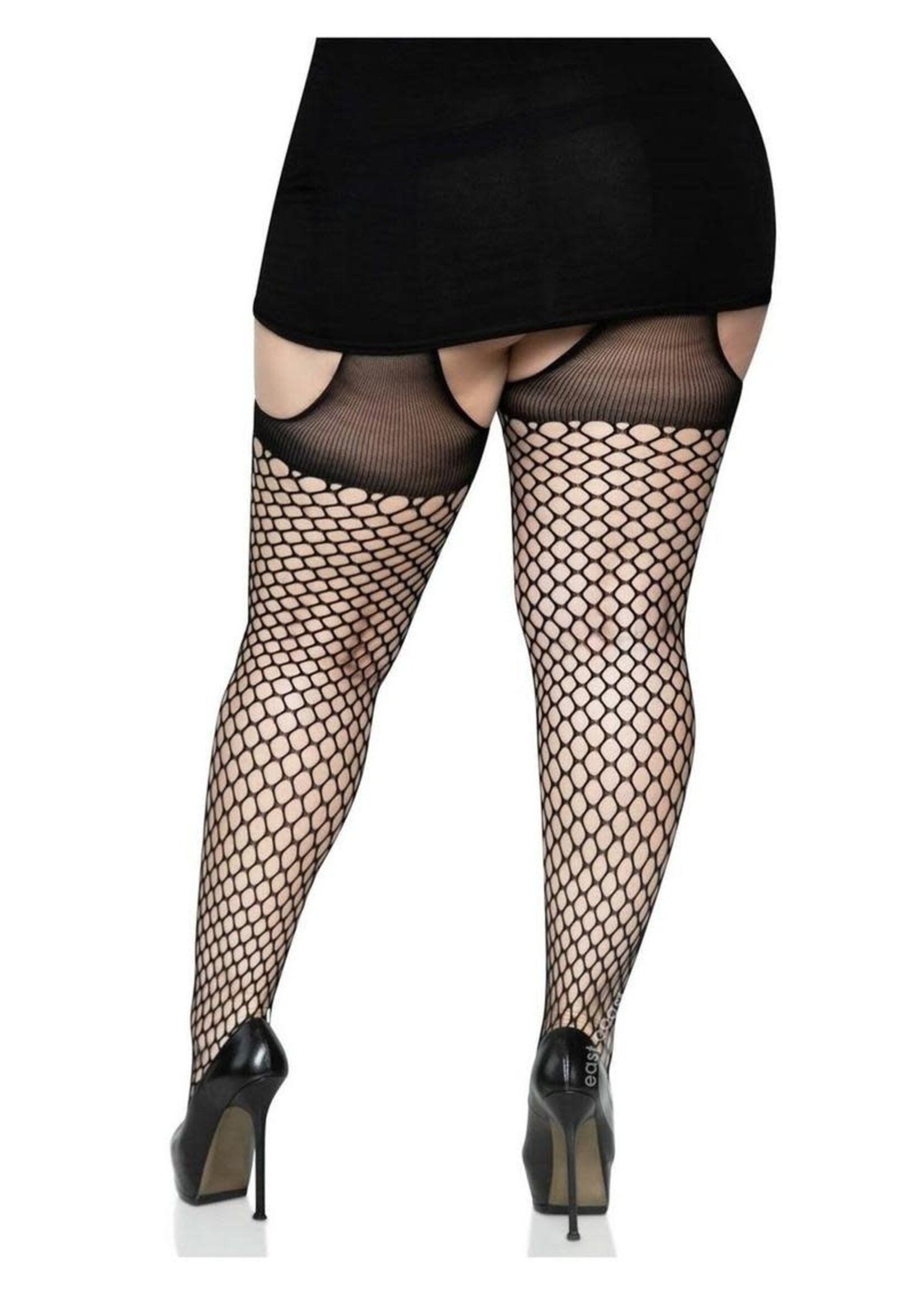 Leg Avenue Leg Avenue Oval Net Suspender Hose with Opaque Top - 1X/2X - Black