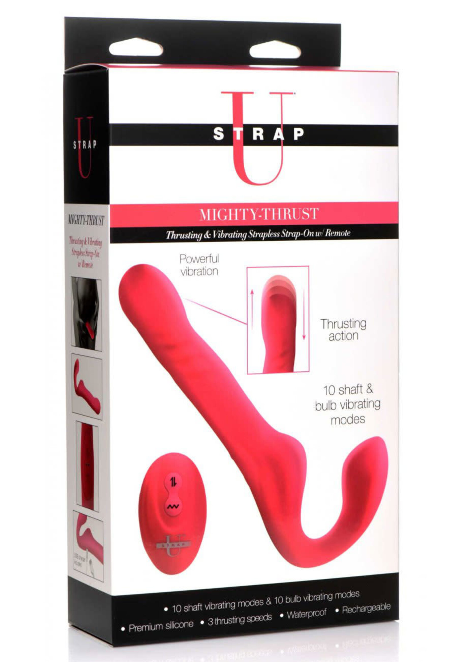 XR Brands Strap U Strap U Mighty-Thrust Thrusting & Vibrating Strapless Strap-On with Remote Control - Pink