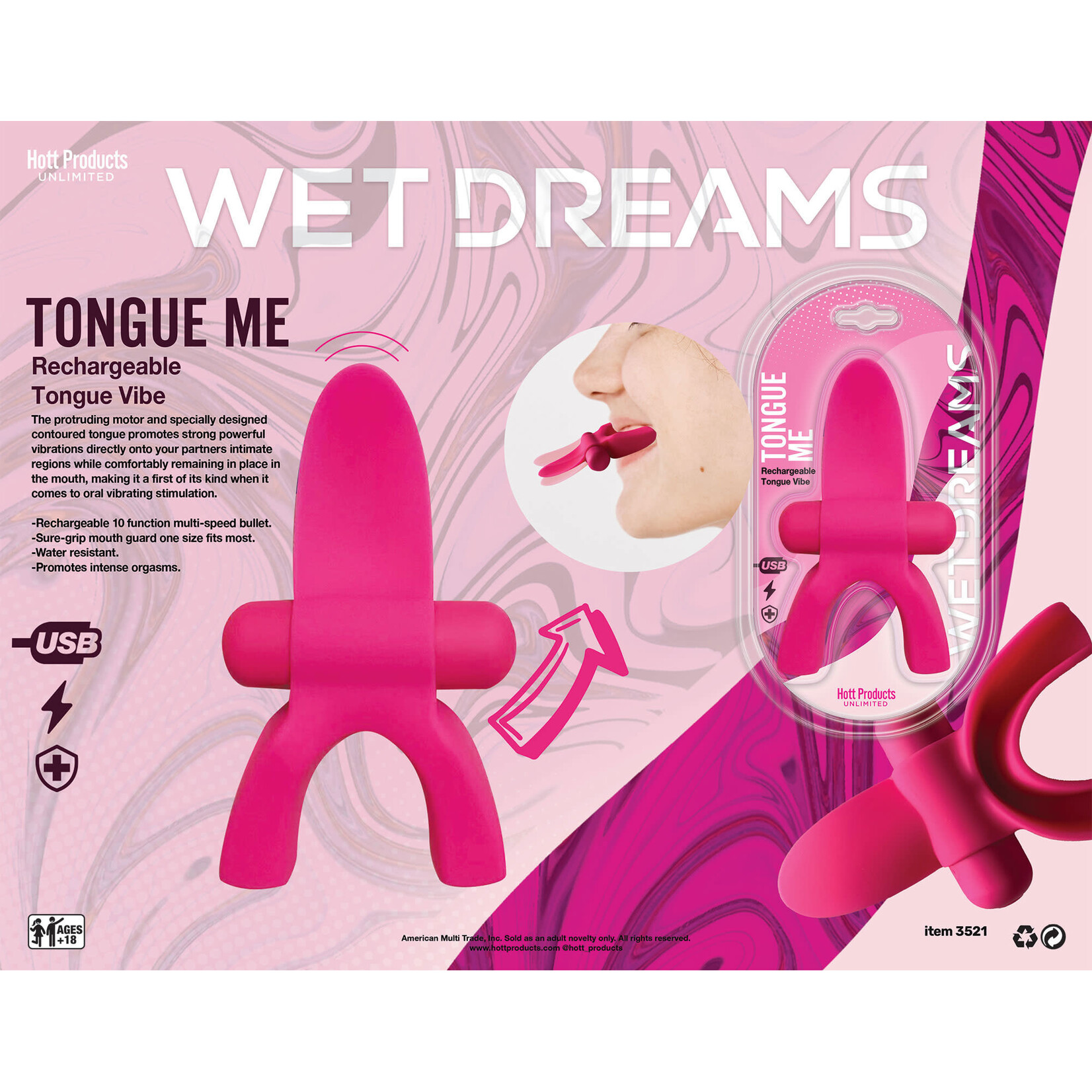 HOTT PRODUCTS Tongue Me Extreme Silicone Tongue Vibrator with Mouth Guard - Pink