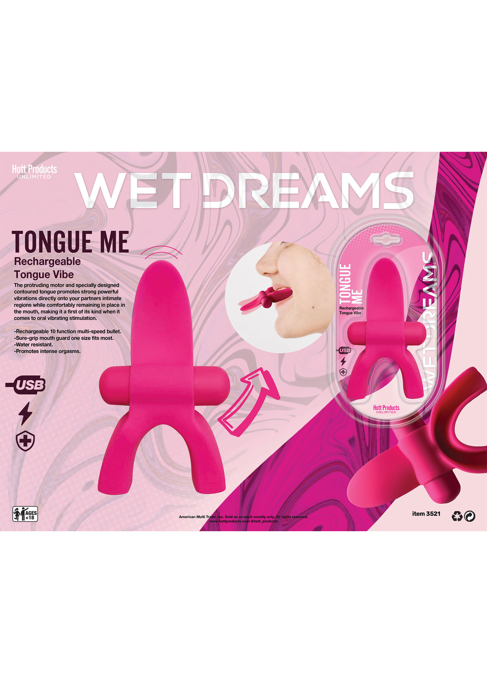 HOTT PRODUCTS Tongue Me Extreme Silicone Tongue Vibrator with Mouth Guard - Pink