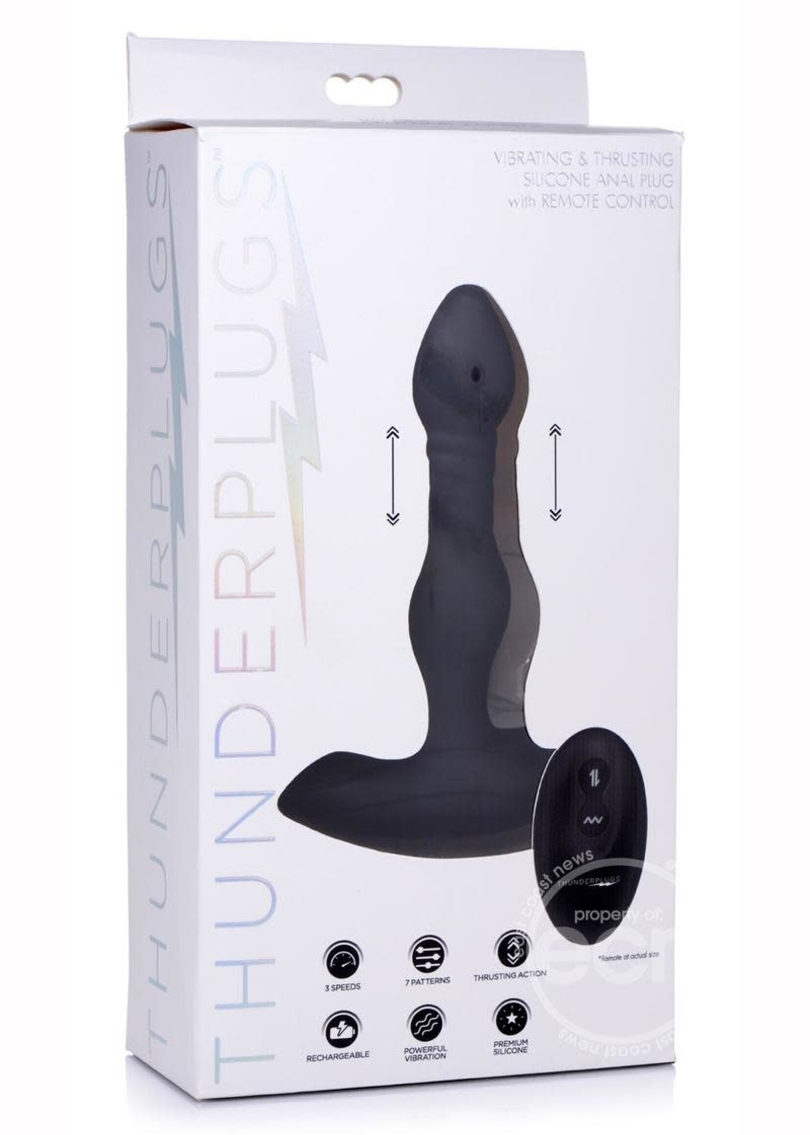 XR Brands Thunder Plugs Thunder Plugs Vibrating & Thrusting Silicone Rechargeable Plug with Remote Control - Black