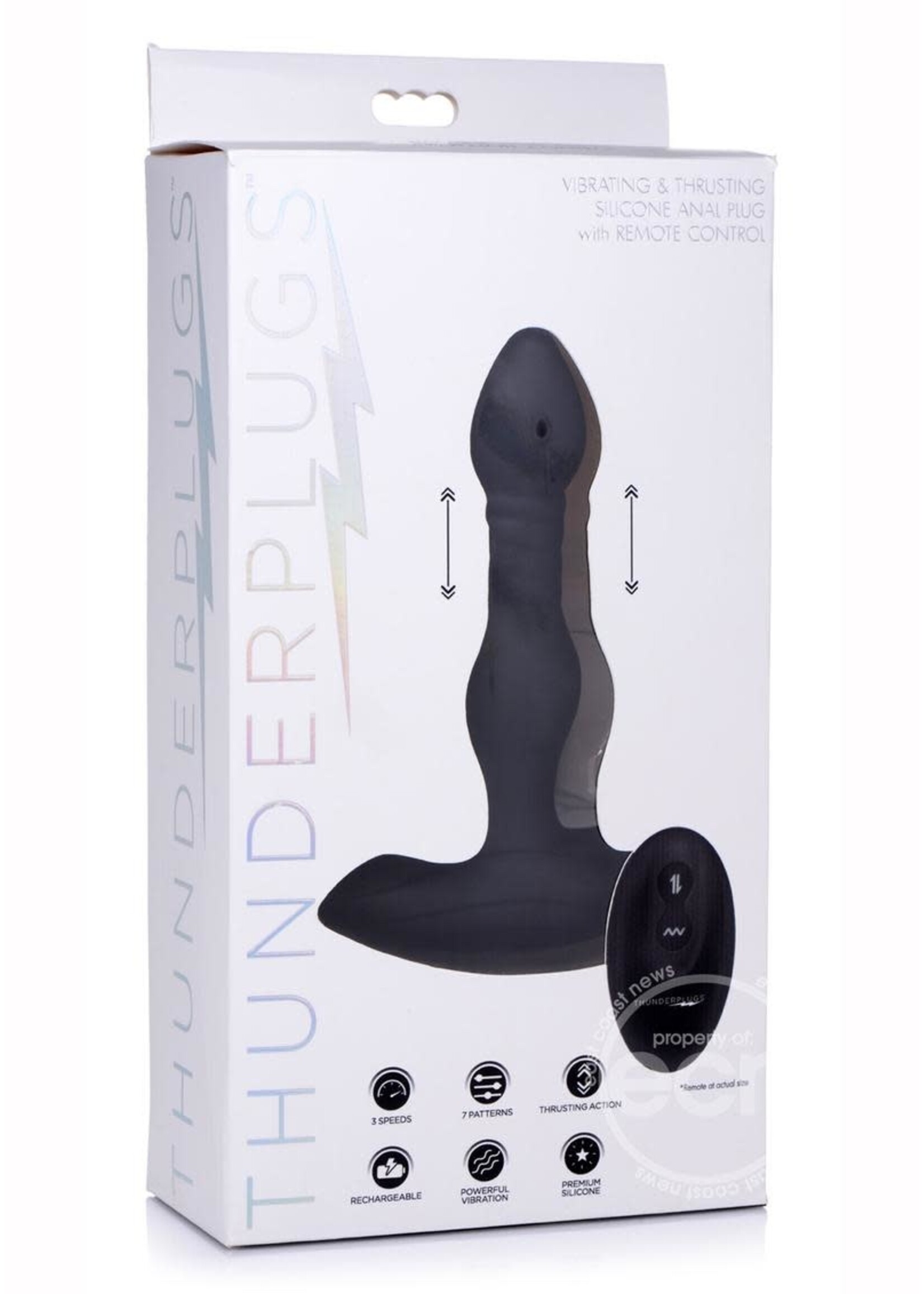 XR Brands Thunder Plugs Thunder Plugs Vibrating & Thrusting Silicone Rechargeable Plug with Remote Control - Black