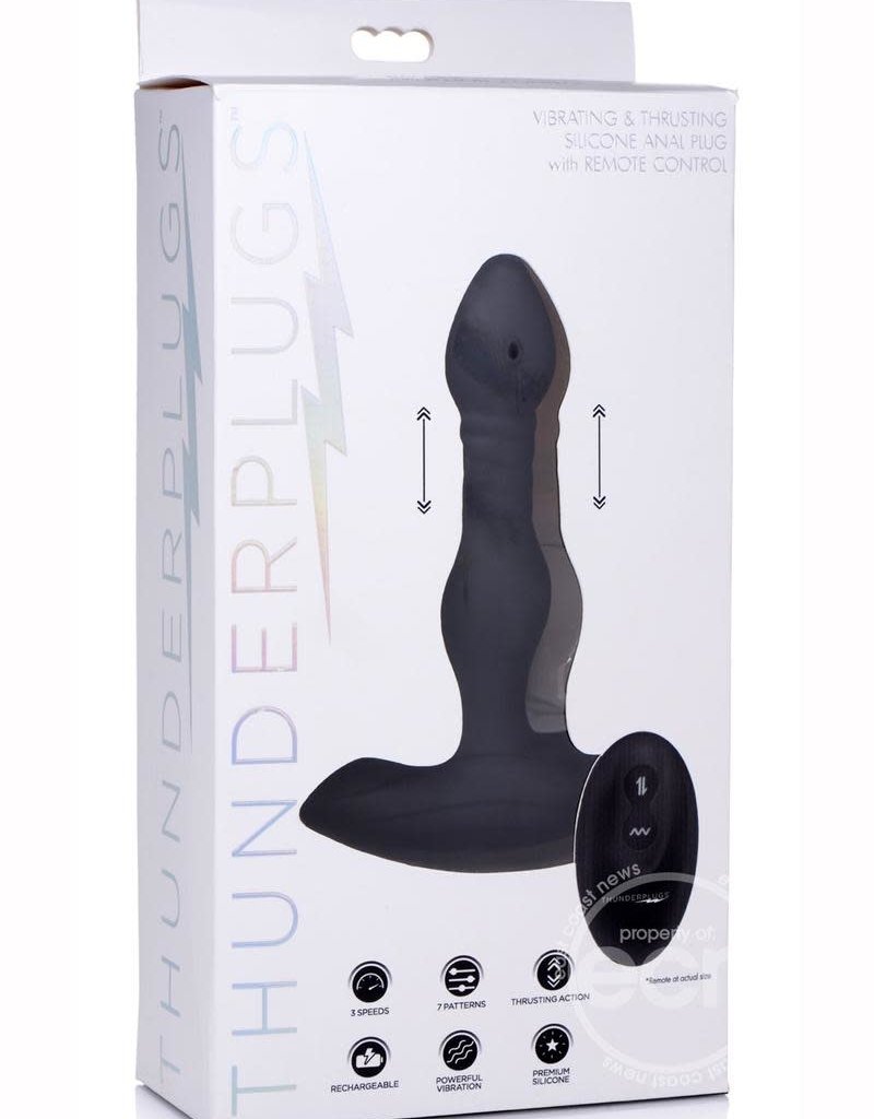 XR Brands Thunder Plugs Thunder Plugs Vibrating & Thrusting Silicone Rechargeable Plug with Remote Control - Black