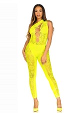 Leg Avenue Leg Avenue Floral Lace Convertible Footless Bodystocking with Opaque Panel Detail - O/S - Neon Yellow