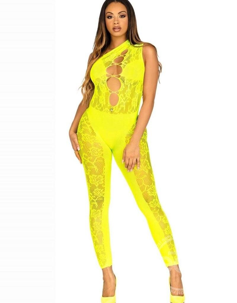 Leg Avenue Leg Avenue Floral Lace Convertible Footless Bodystocking with Opaque Panel Detail - O/S - Neon Yellow