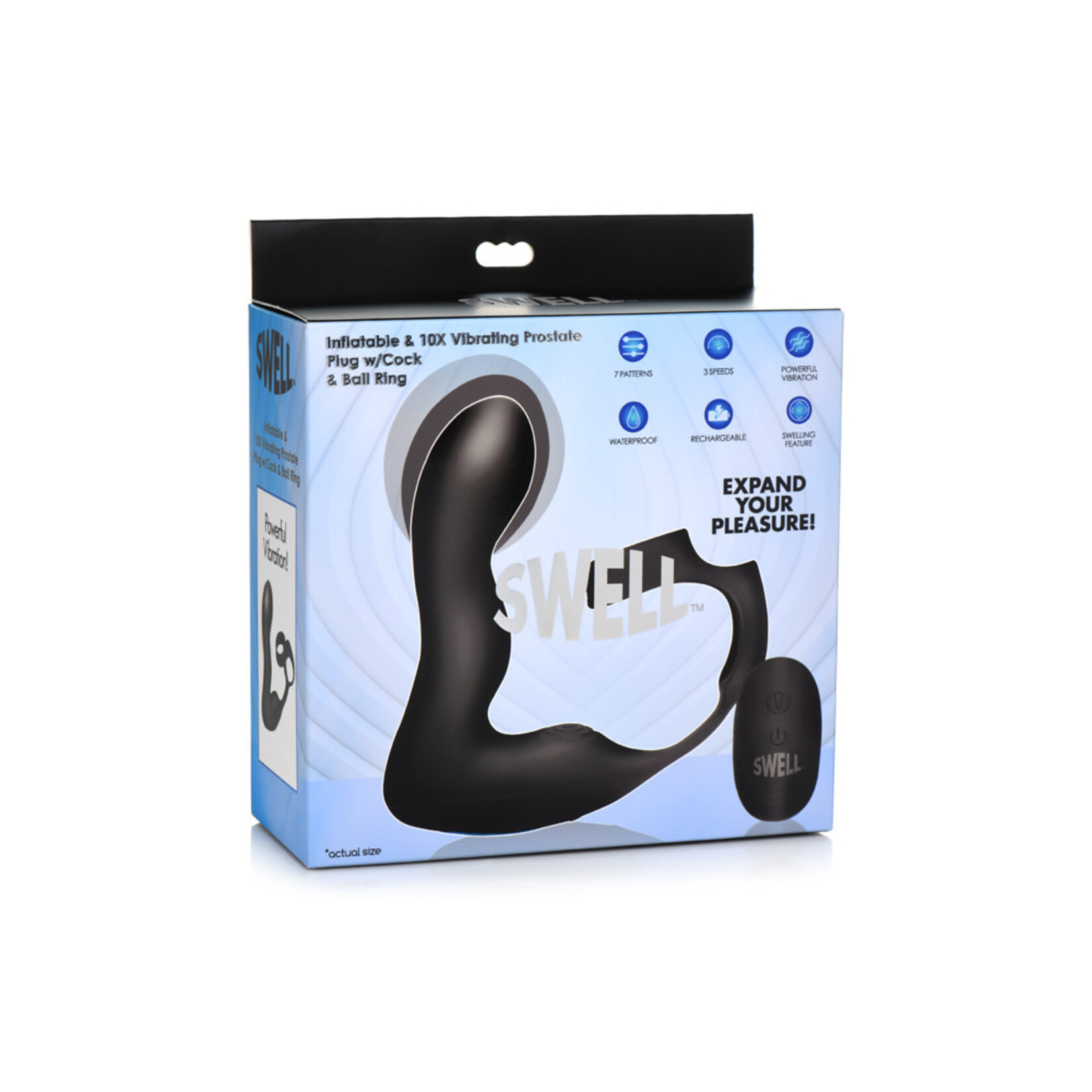 XR Brands Swell Swell Rechargeable Silicone Inflatable 10X Vibrating Prostate Plug with Cock & Ball Ring and Remote Control - Black