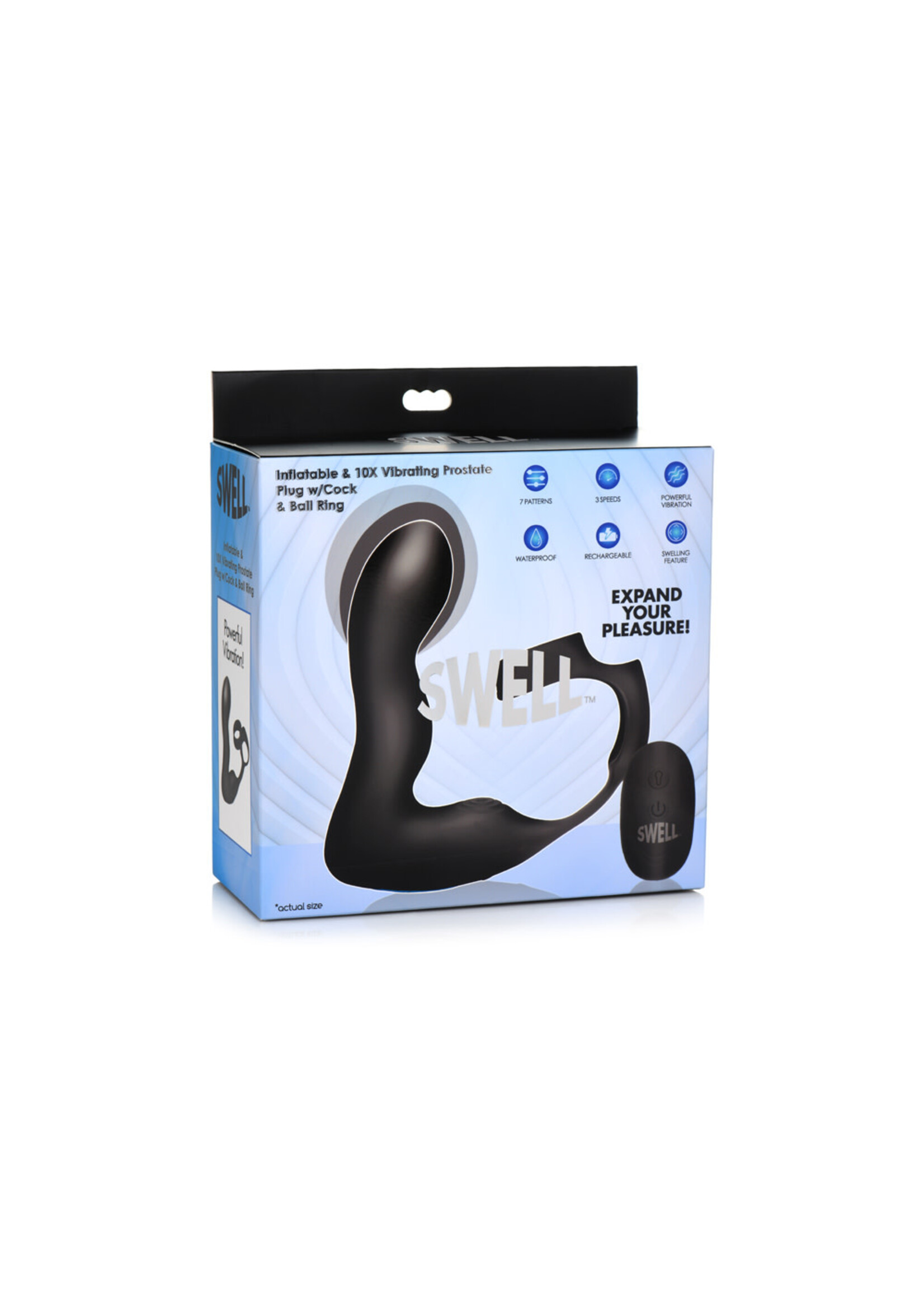 XR Brands Swell Swell Rechargeable Silicone Inflatable 10X Vibrating Prostate Plug with Cock & Ball Ring and Remote Control - Black