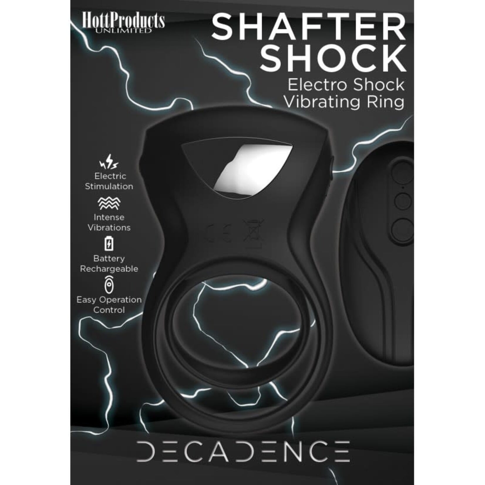 HOTT PRODUCTS Decadence Shafter Shock Silicone Electro Shock Cock Ring with Remote Control - Black