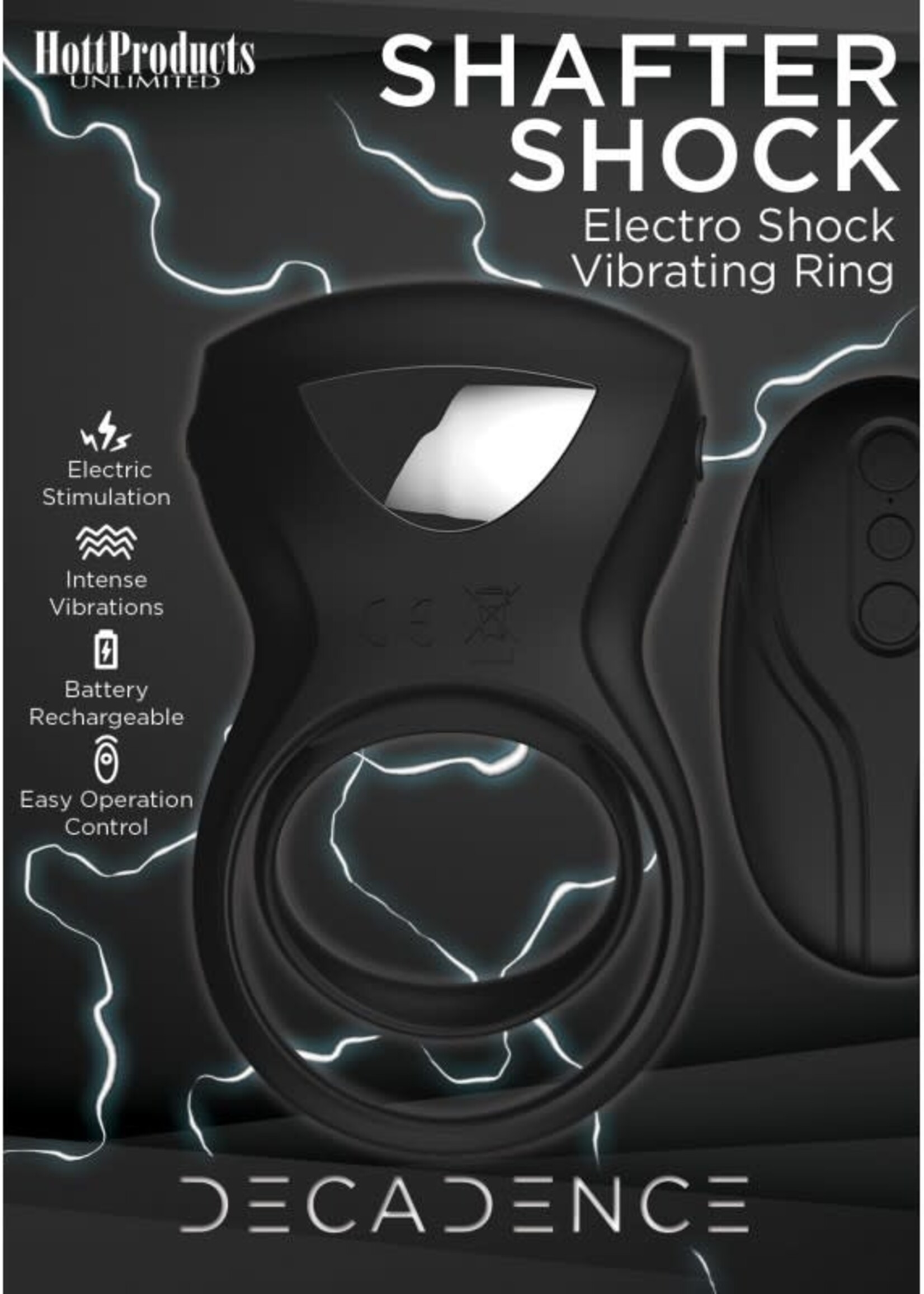 HOTT PRODUCTS Decadence Shafter Shock Silicone Electro Shock Cock Ring with Remote Control - Black