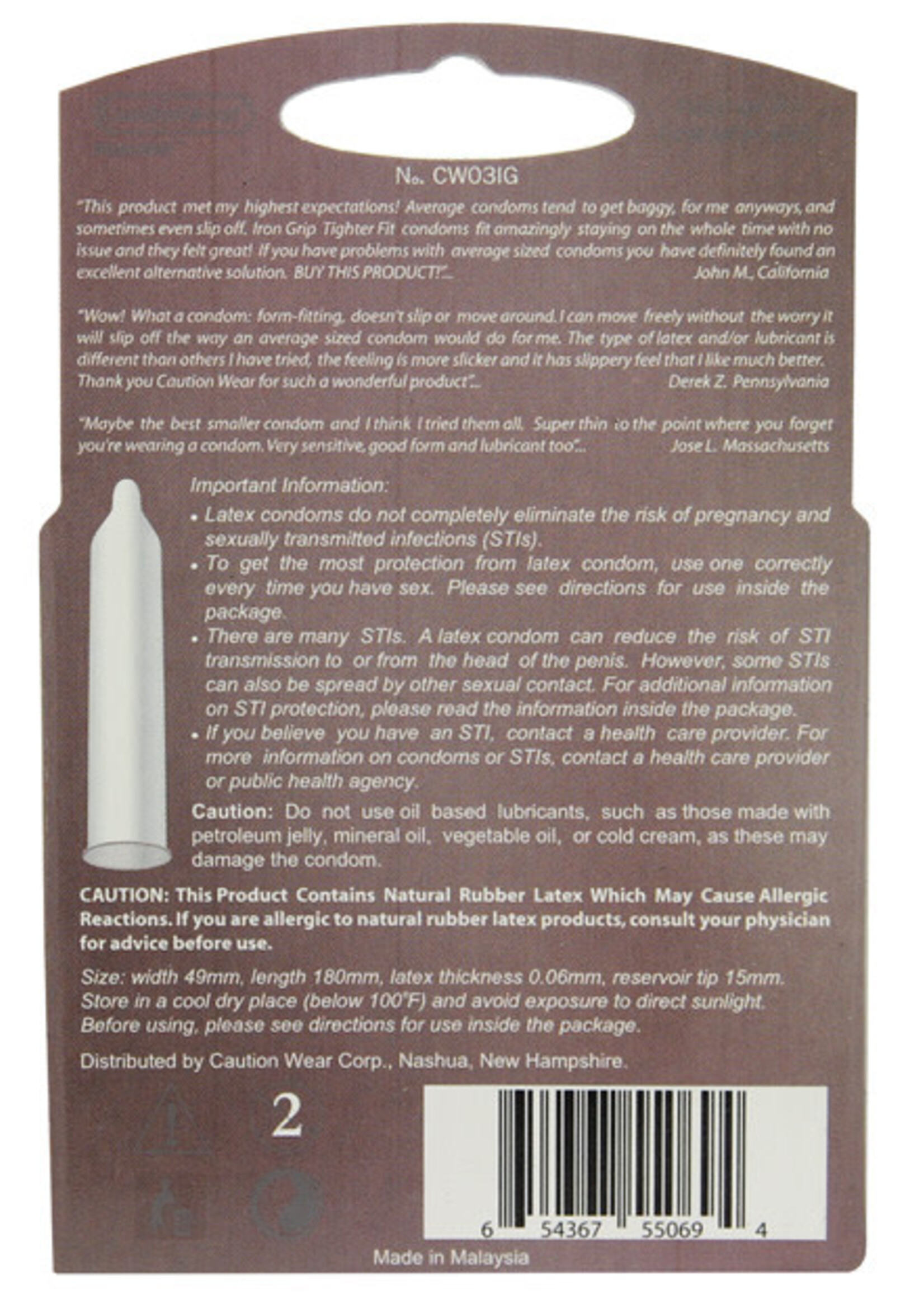 Caution Wear Iron Grip Snugger Fit Condoms - 3 ct