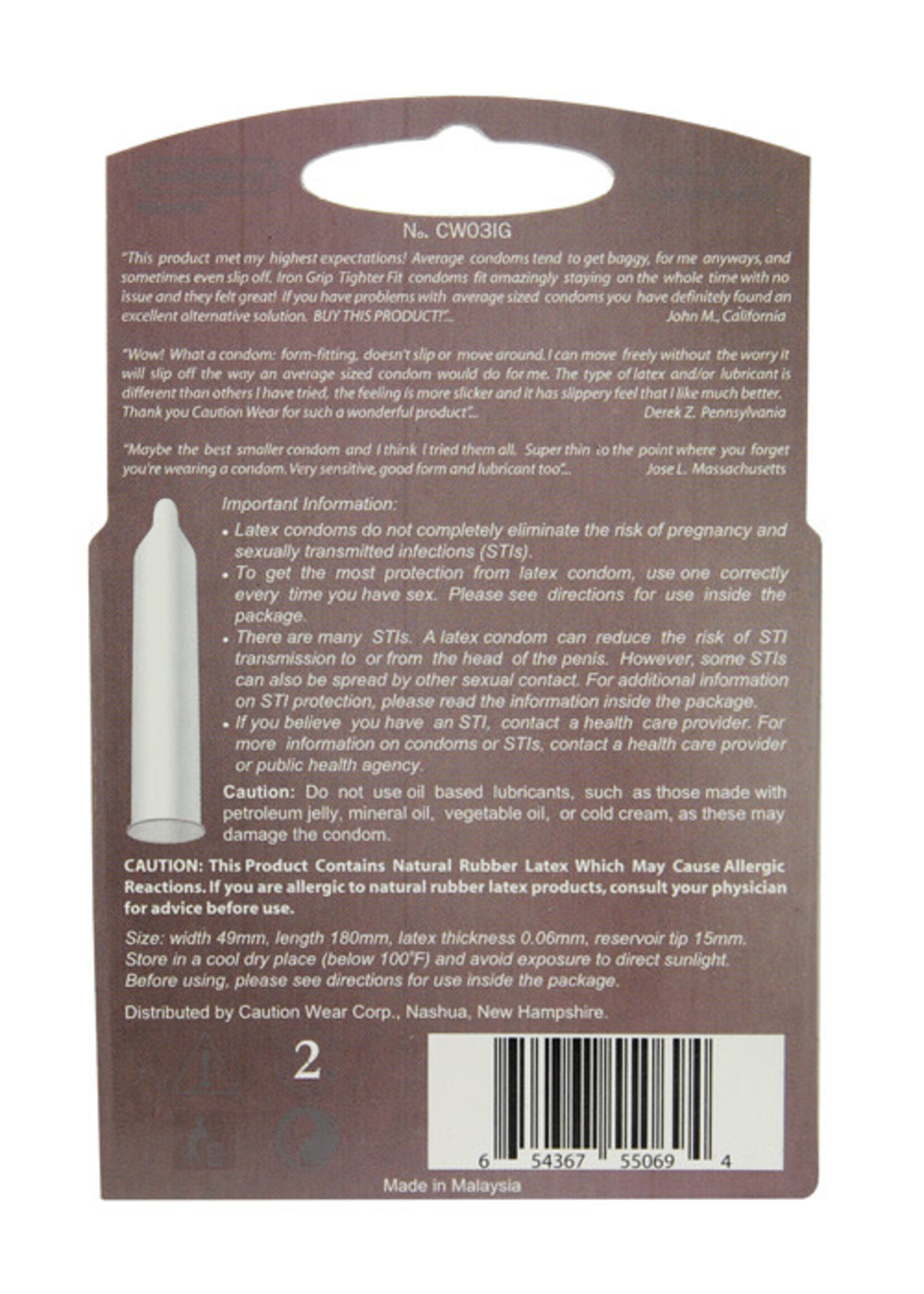 Caution Wear Iron Grip Snugger Fit Condoms - 3 ct