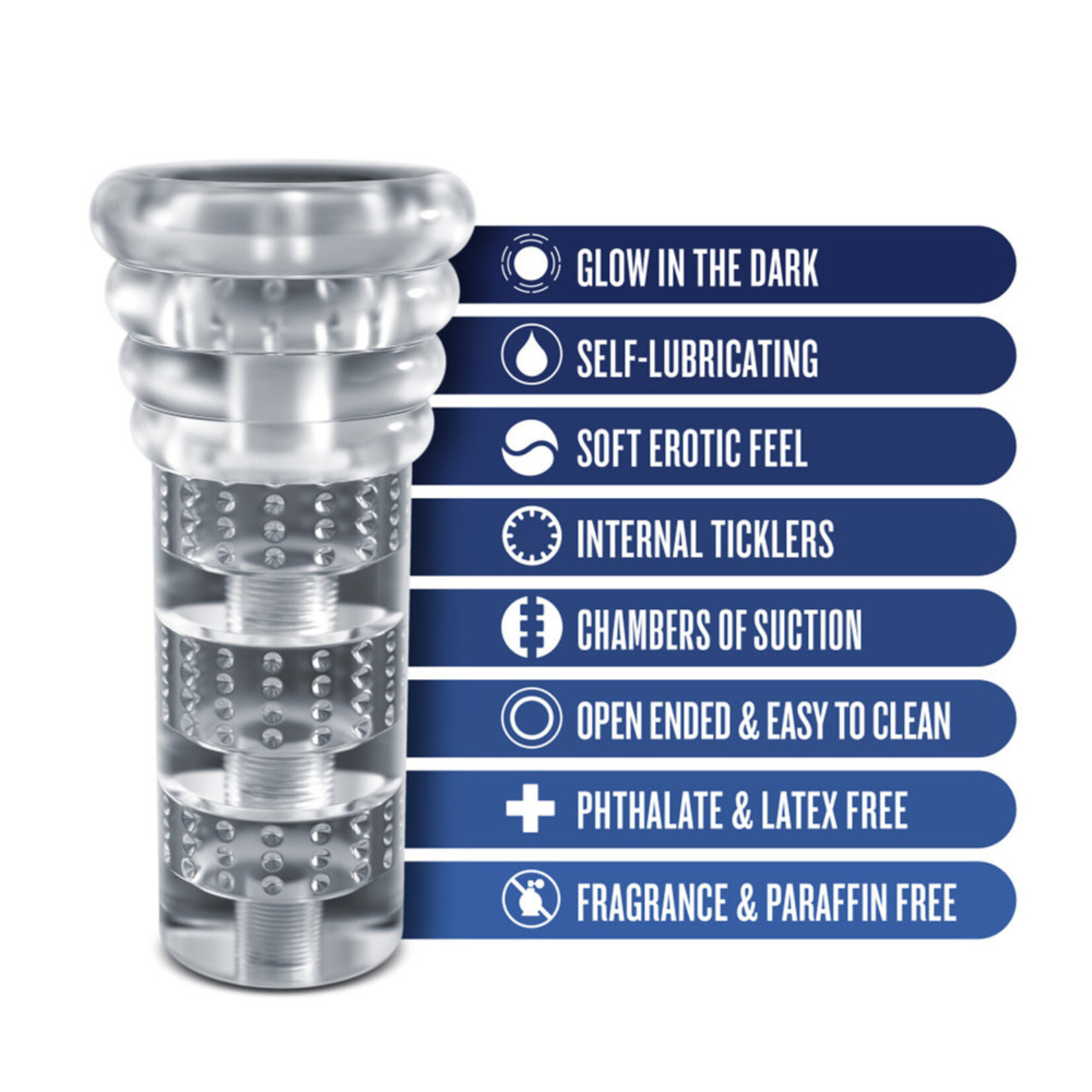 Blush Novelties Rize Luz Glow In The Dark Self-Lubricating Stroker Clear