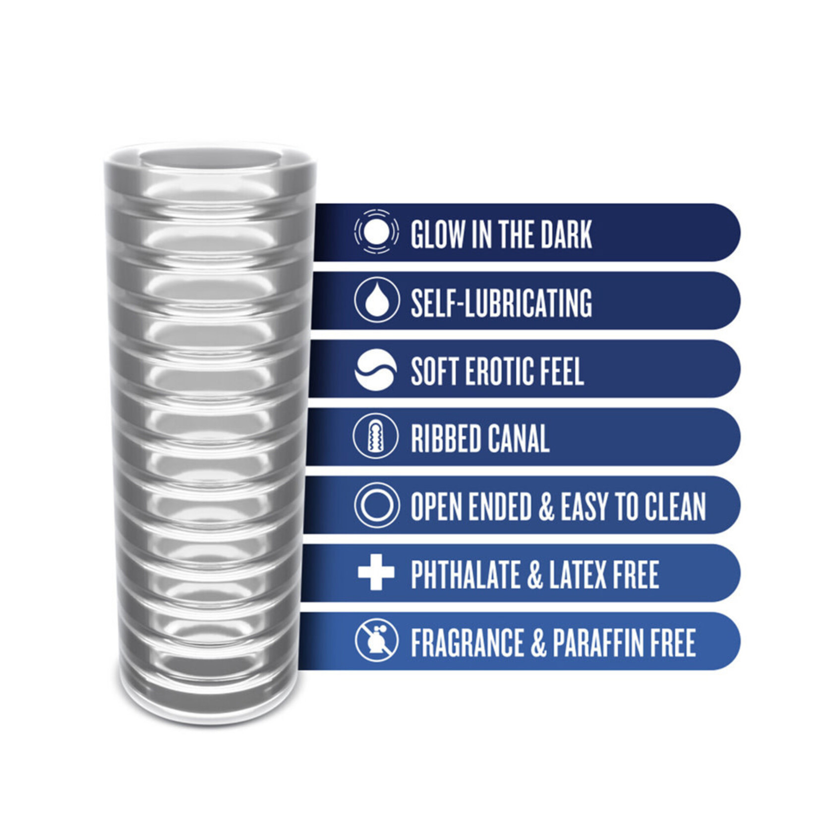 Blush Novelties Rize Ribz Glow In The Dark Self-Lubricating Stroker Clear