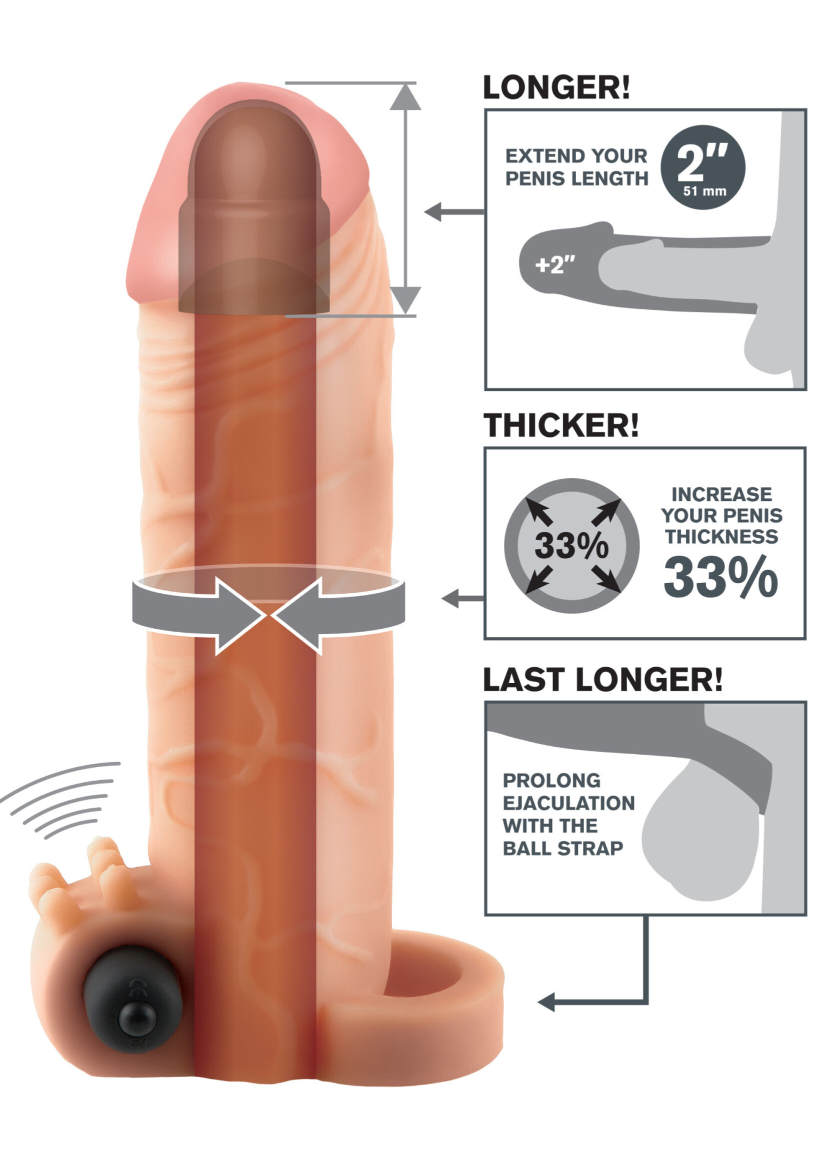 Pipedream Fantasy X-Tensions Vibrating Real Feel 2-Inch Extension - Flesh