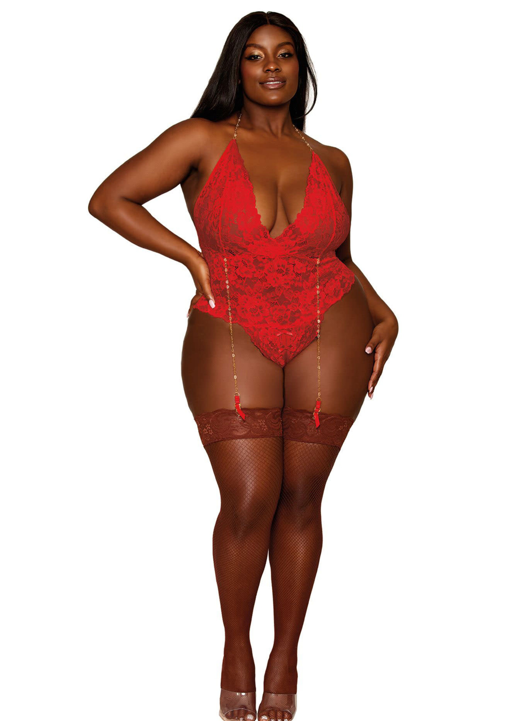 Dreamgirl Garter Teddy - Queen Size - Ruby
