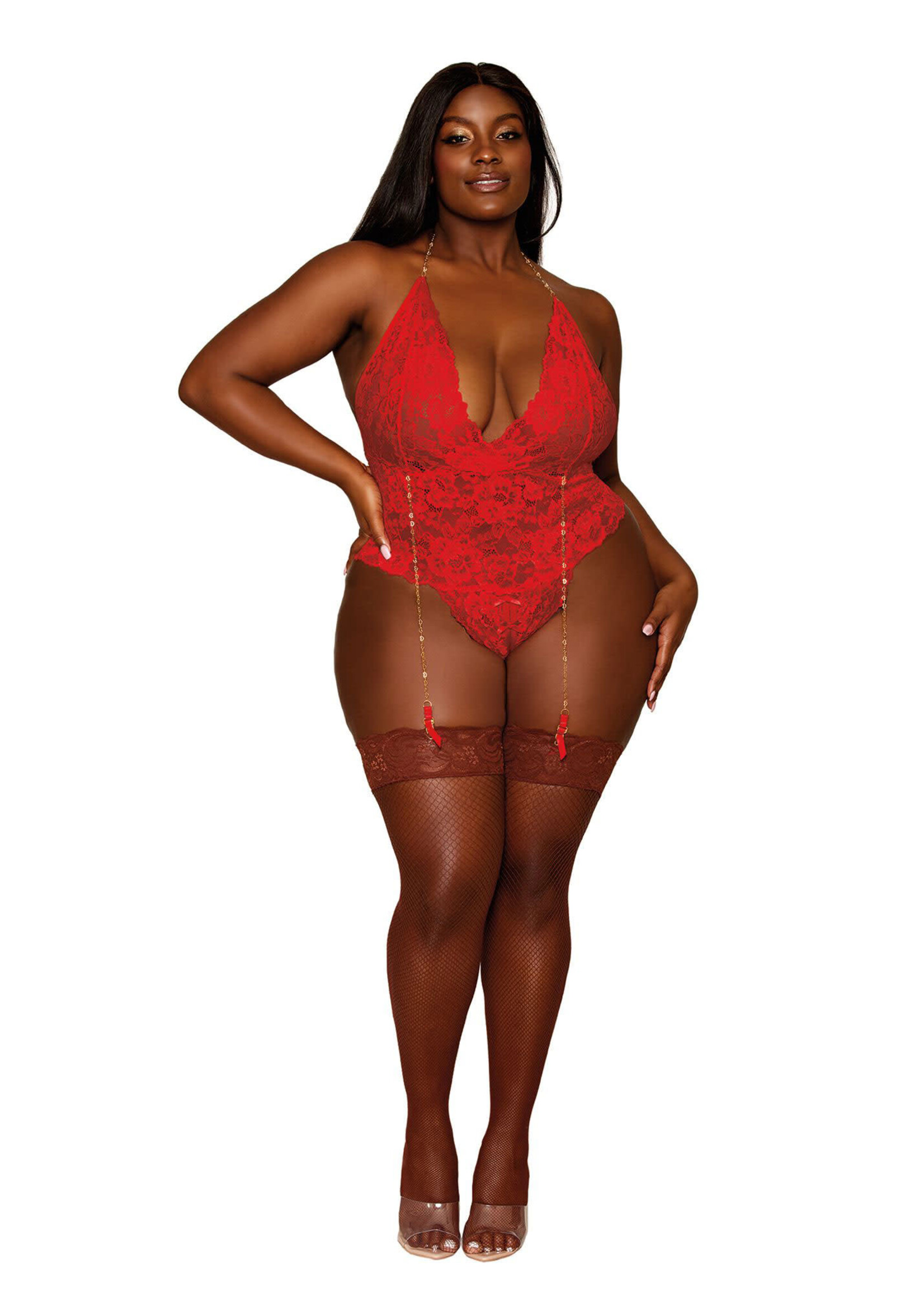 Dreamgirl Garter Teddy - Queen Size - Ruby