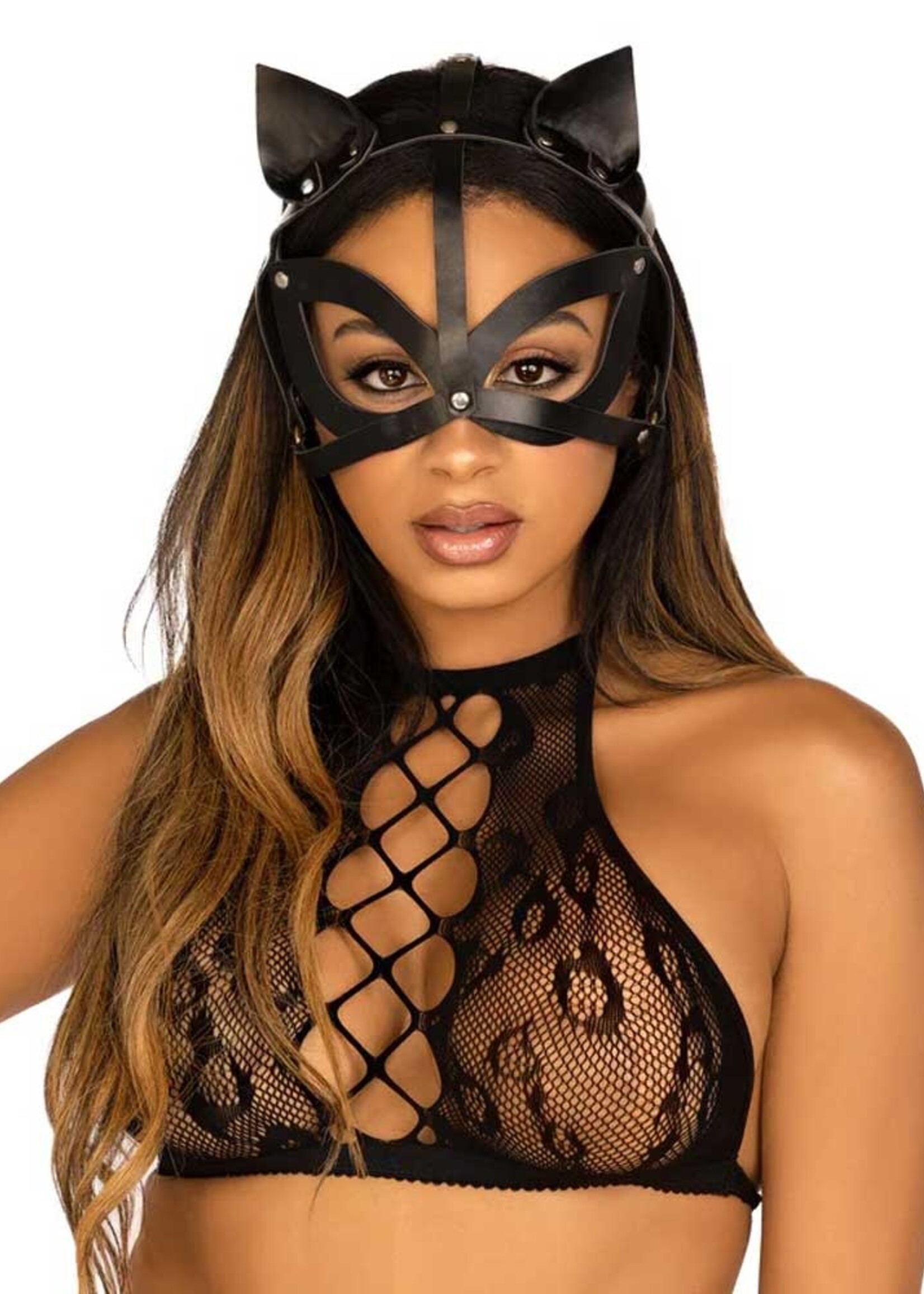 Leg Avenue Vegan Leather Studded Cat Mask - Black