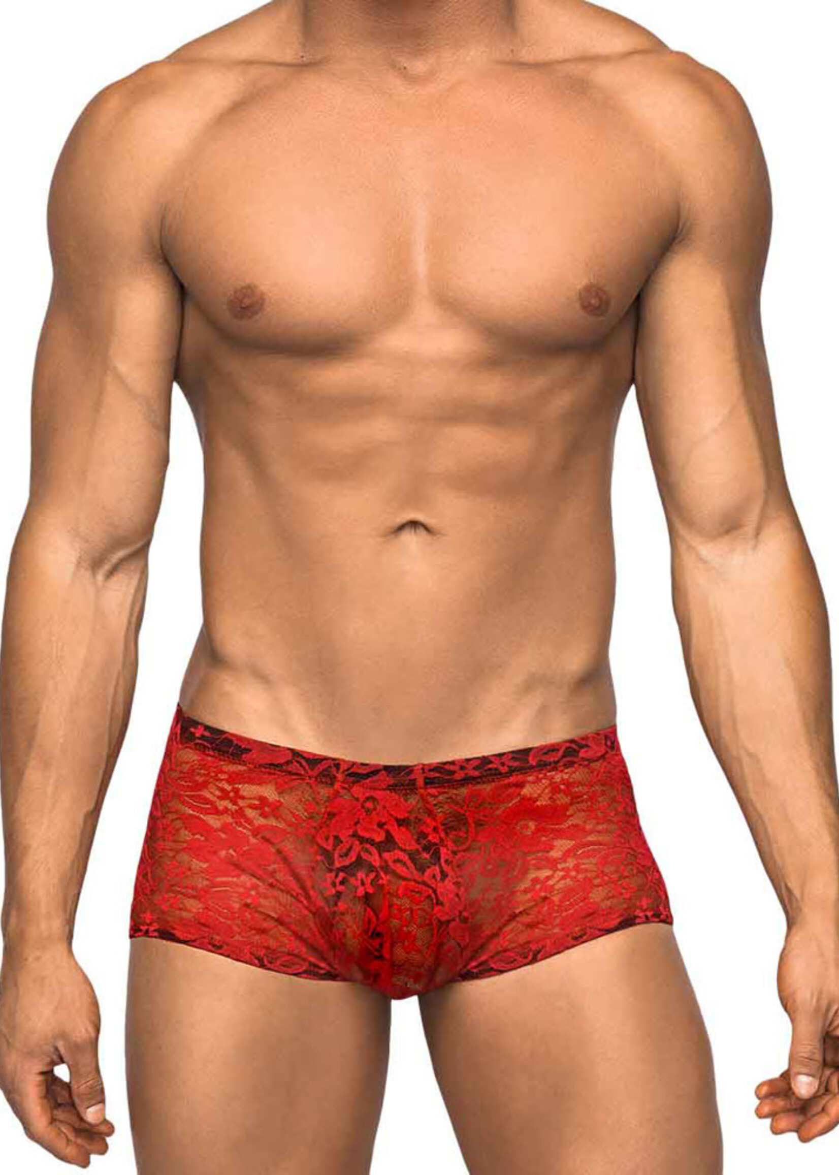 Male Power Stretch Lace Mini Short Red