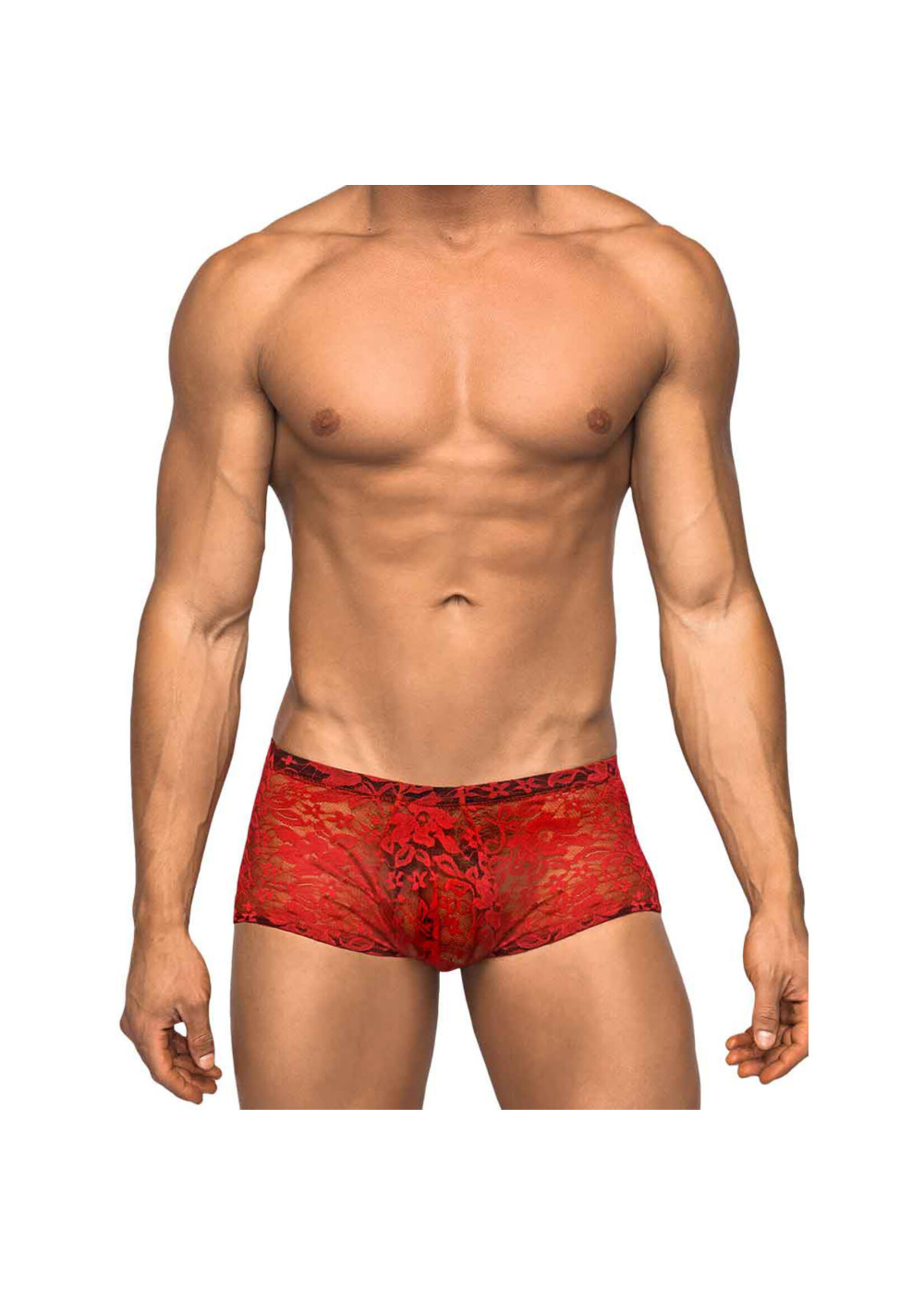 Male Power Stretch Lace Mini Short Red