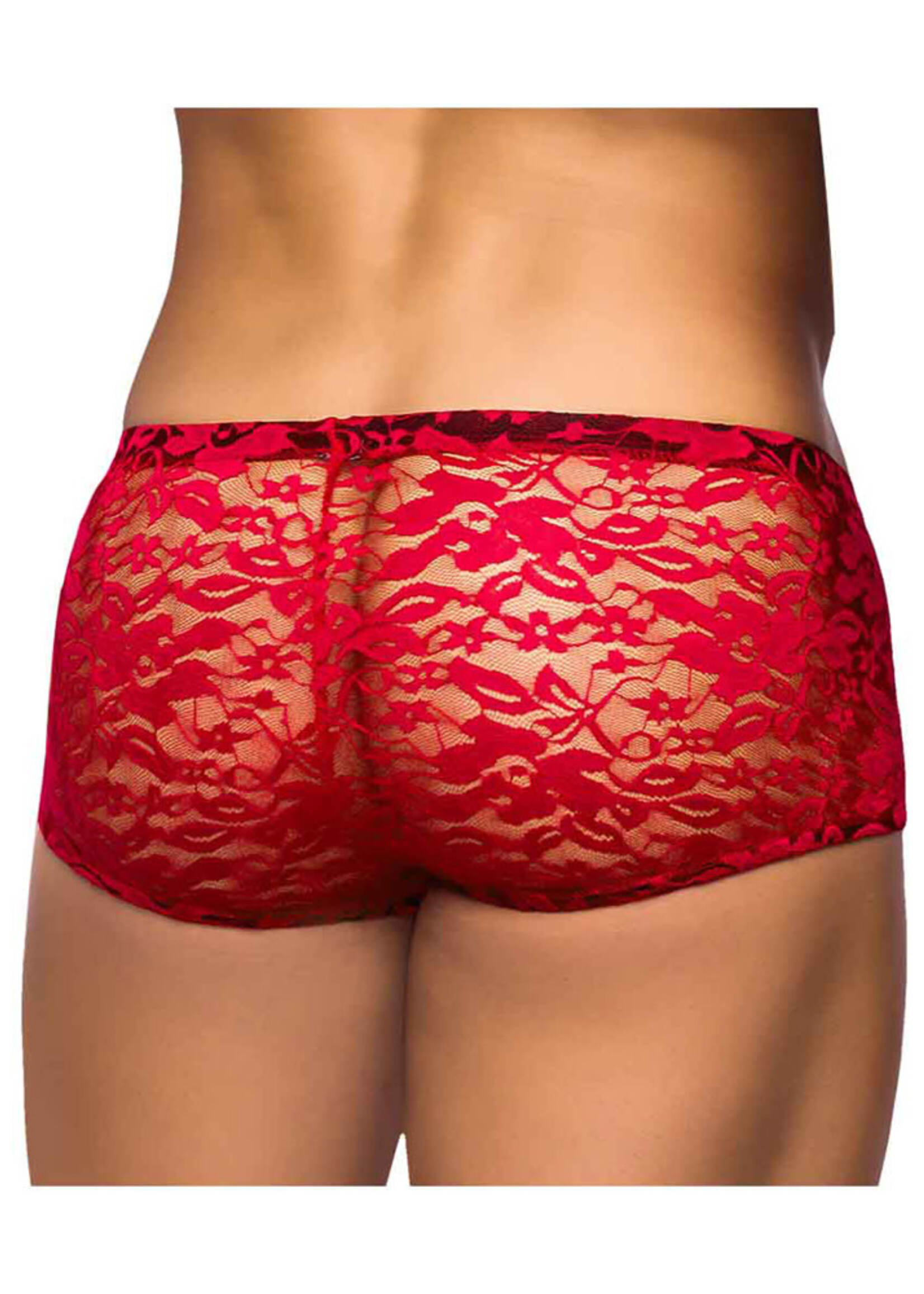 Male Power Stretch Lace Mini Short Red