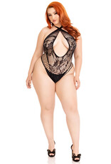 Leg Avenue Lace and Net Keyhole Crossover Halter Teddy - 1x/2x