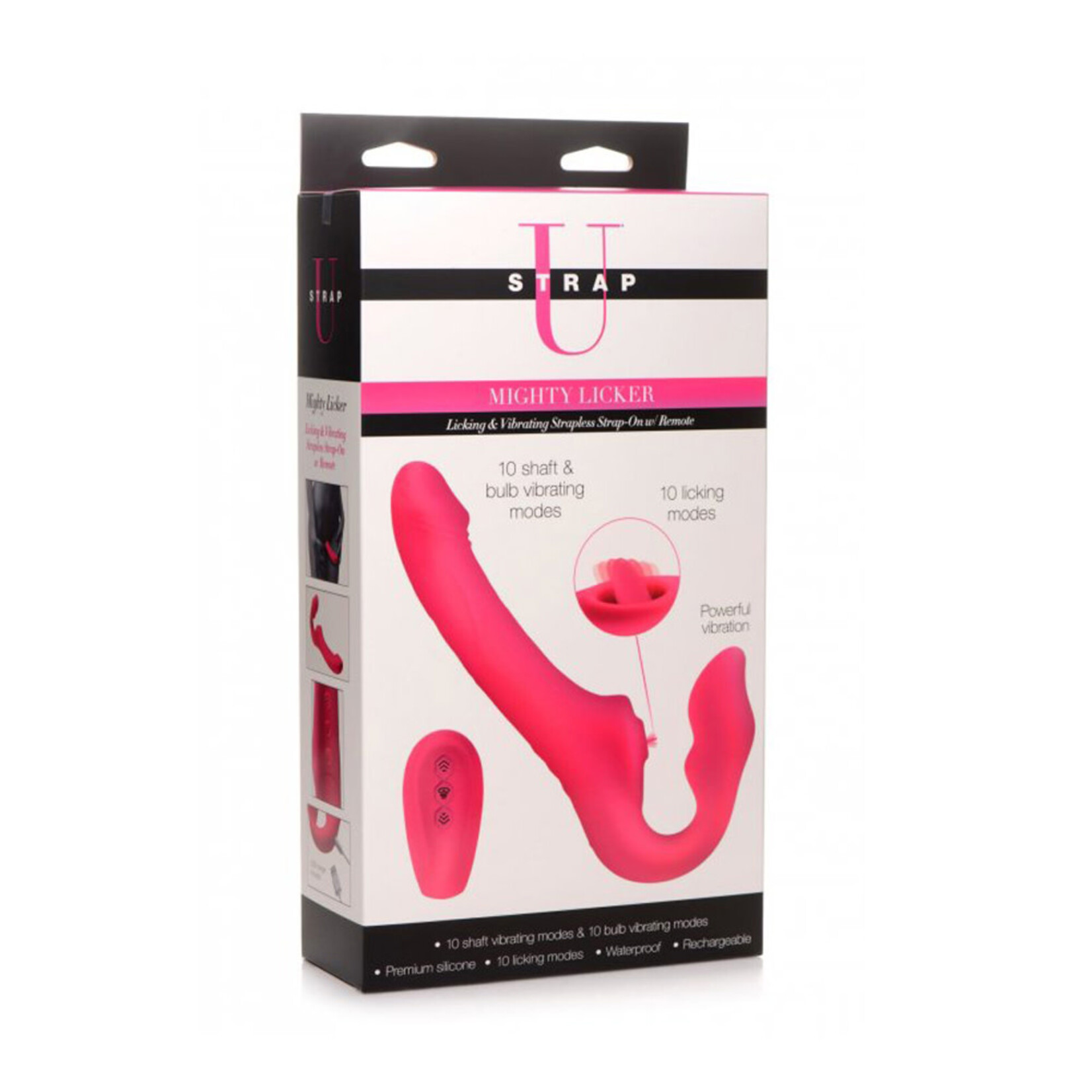 XR Brands Strap U Strap U Licking Vibrating Rechargeable Silicone Strapless Strap-On with Remote Control - Pink