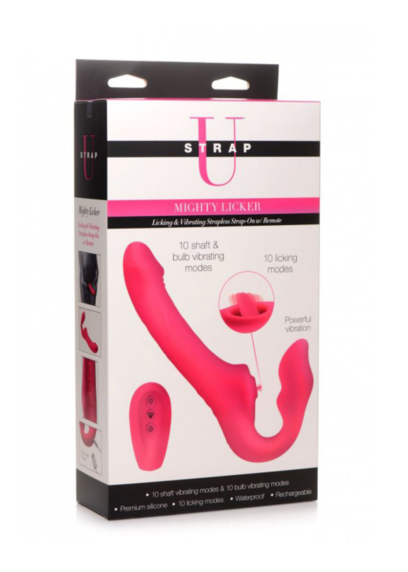 XR Brands Strap U Strap U Licking Vibrating Rechargeable Silicone Strapless Strap-On with Remote Control - Pink
