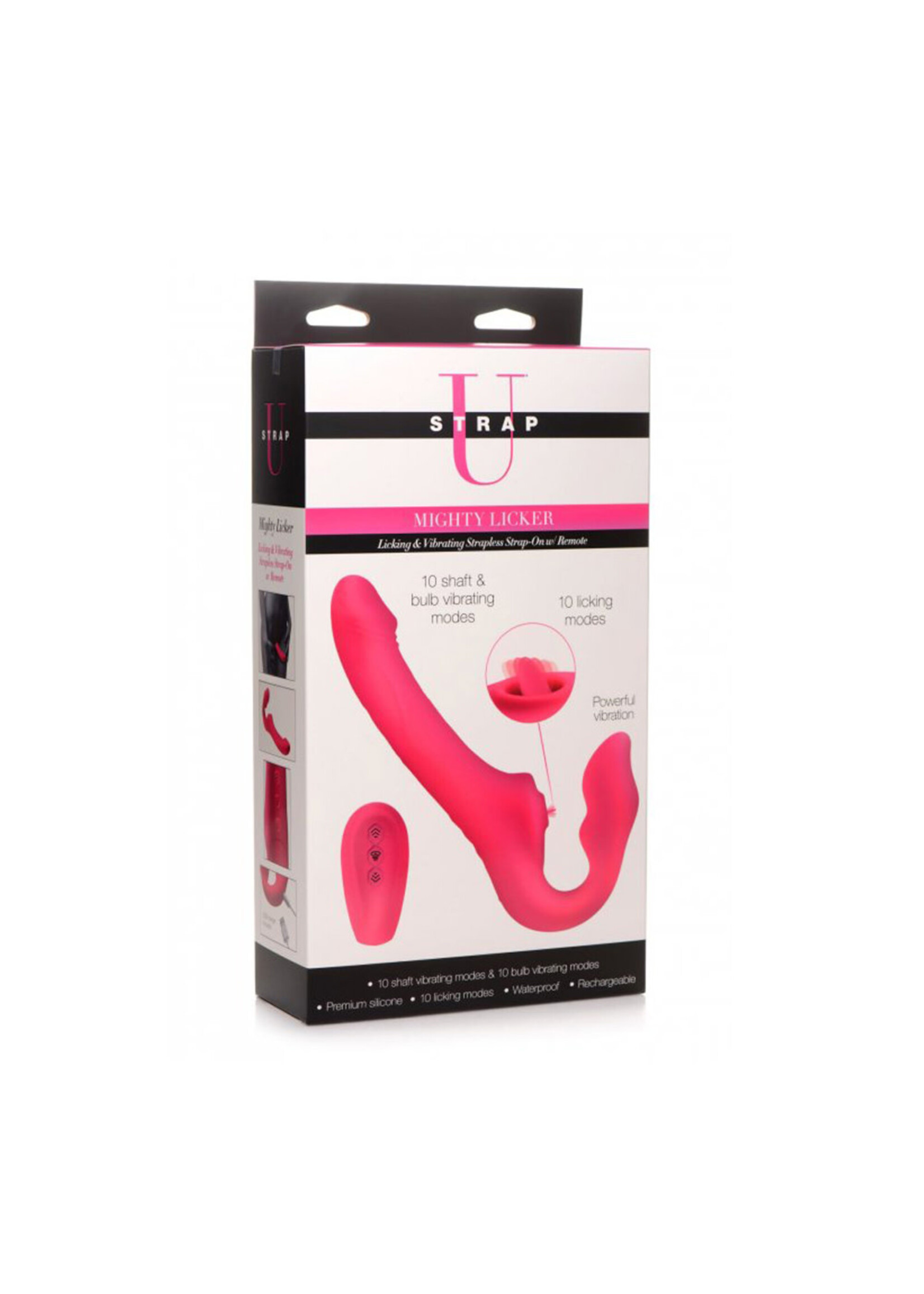 XR Brands Strap U Strap U Licking Vibrating Rechargeable Silicone Strapless Strap-On with Remote Control - Pink