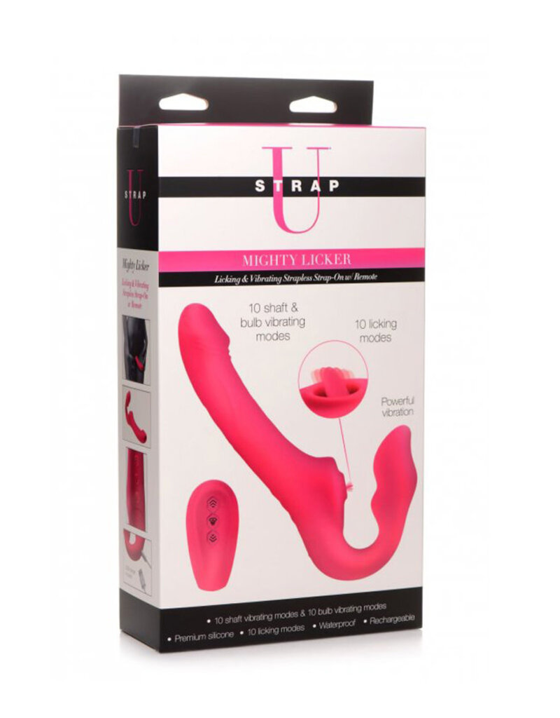 XR Brands Strap U Strap U Licking Vibrating Rechargeable Silicone Strapless Strap-On with Remote Control - Pink