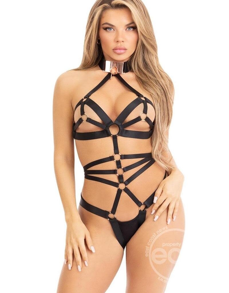Leg Avenue Leg Avenue Satin Elastic O-Ring Crotchless Teddy with Adjustable Straps and Rose Gold Lock and Key Choker - O/S - Black