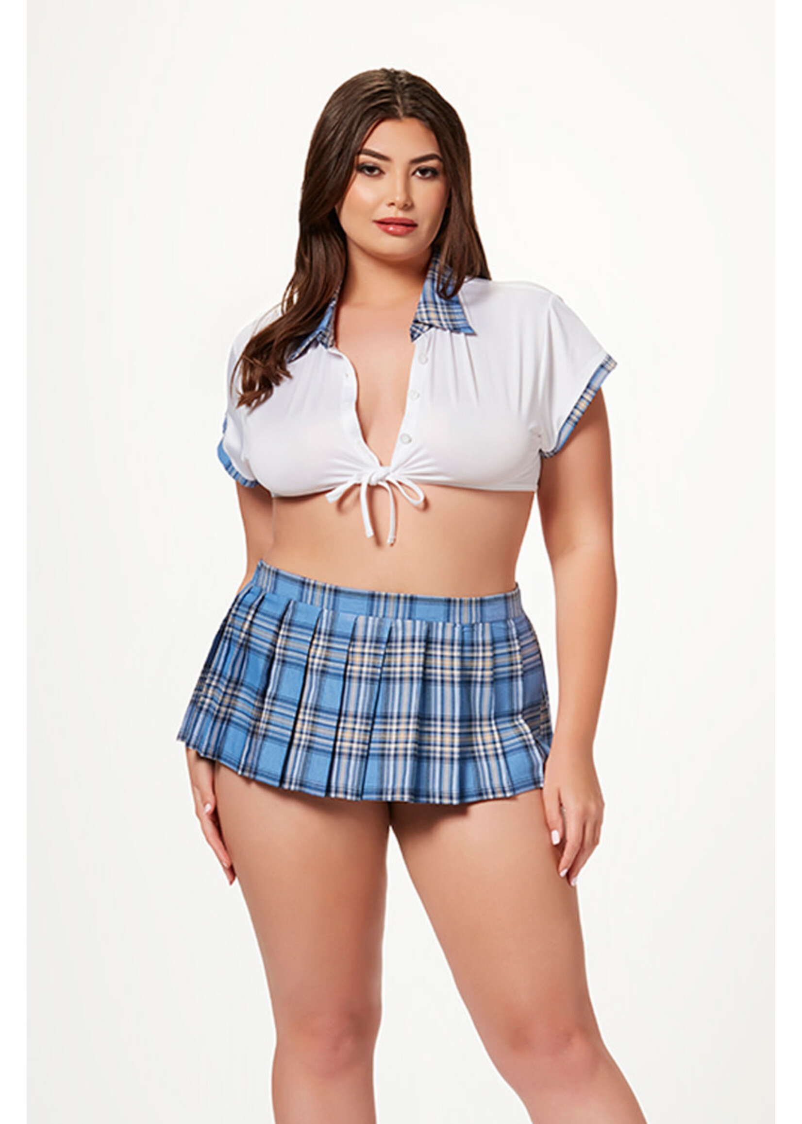 Seven 'til Midnight 3 Pc School Girl Costumes With Top a Skirt and Matching Thong Panty - Queen Size - Blue
