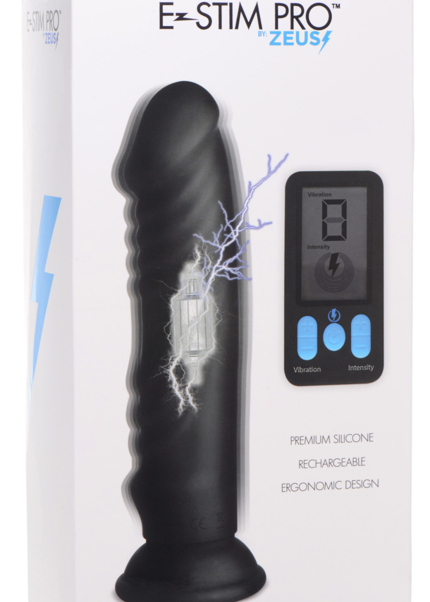 XR Brands Zeus Electrosex Zeus Vibrating & E-Stim Rechargeable Silicone Dildo With Remote Control 7.9in- Black